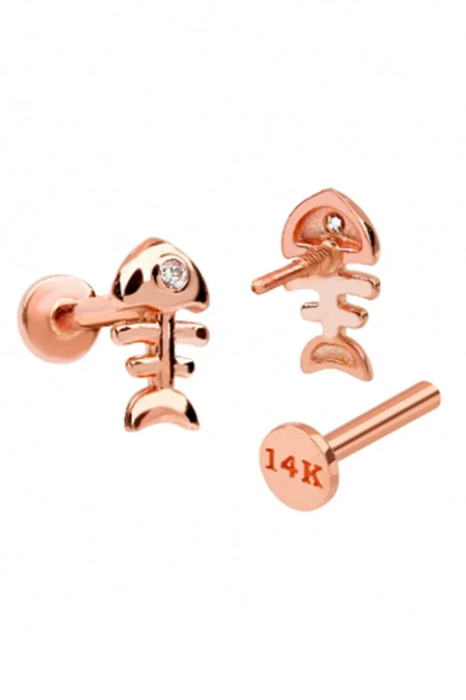 14K Real Gold Cute Bone Fish Forward Helix Cartilage Tragus Inner Conch Ear Stud Post Internally Threaded Earring Labret Jewelry