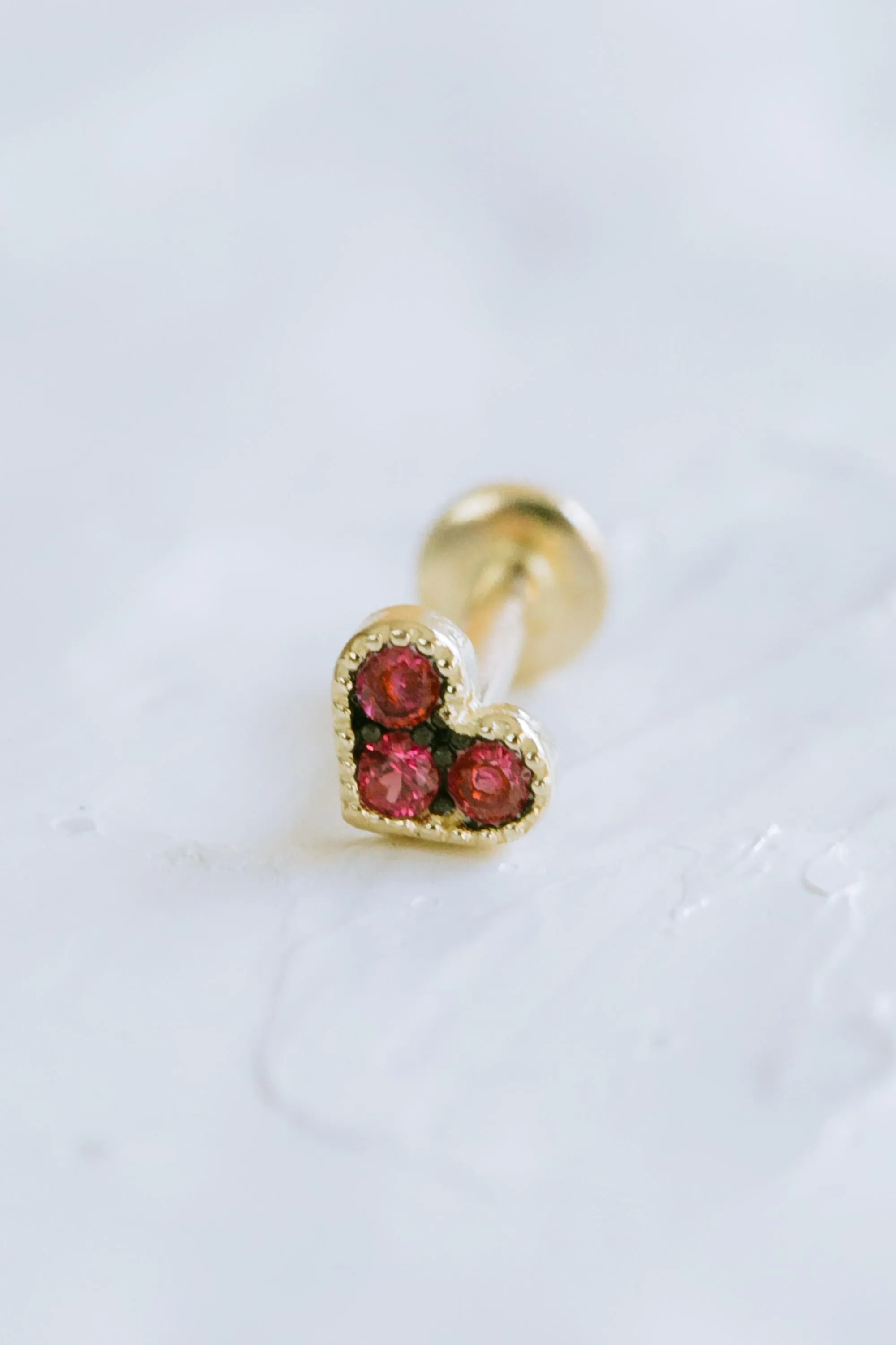 14K Real Gold Minimalist Delicate Ruby Cz Heart Forward Helix Cartilage Tragus Inner Conch Ear Stud Post Internally Threaded Ear