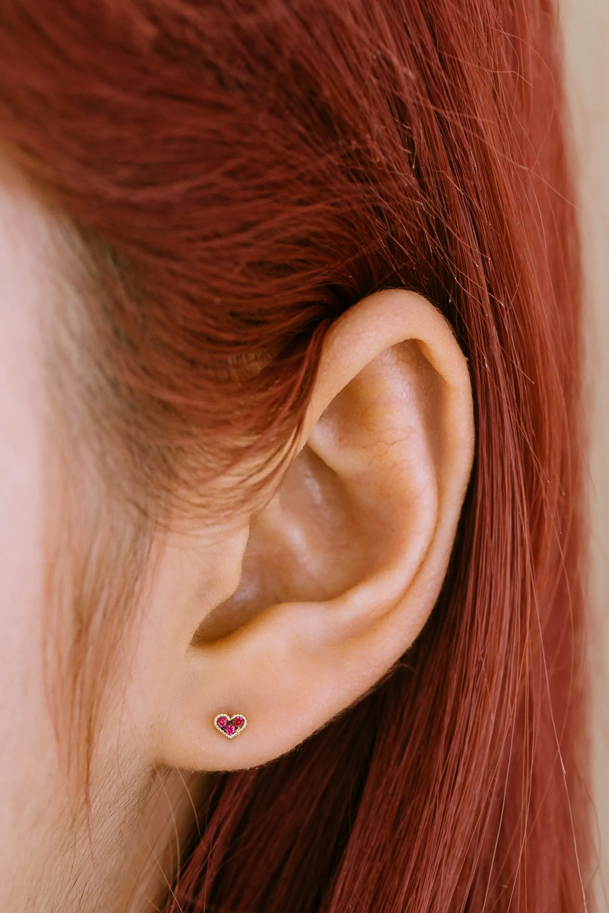 14K Real Gold Minimalist Delicate Ruby Cz Heart Forward Helix Cartilage Tragus Inner Conch Ear Stud Post Internally Threaded Ear