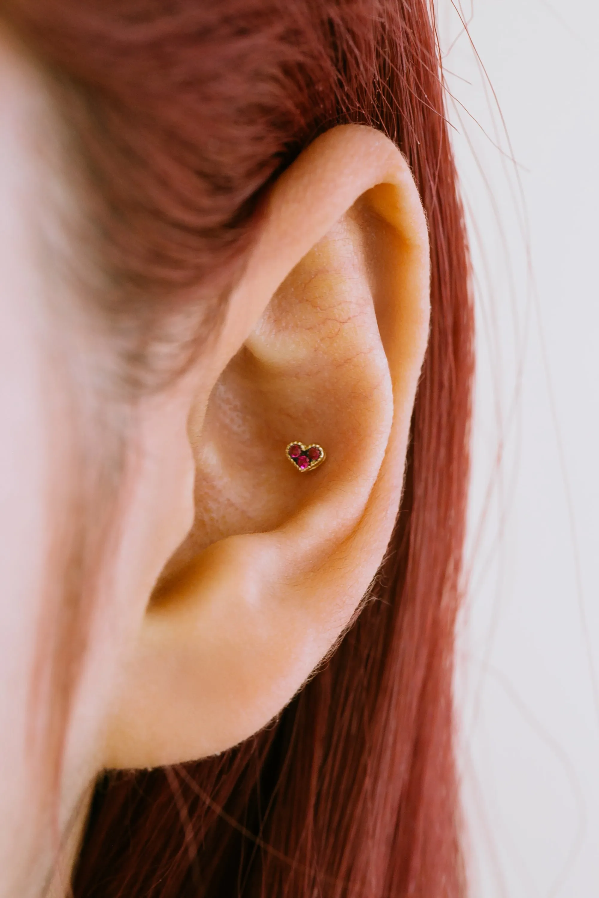 14K Real Gold Minimalist Delicate Ruby Cz Heart Forward Helix Cartilage Tragus Inner Conch Ear Stud Post Internally Threaded Ear