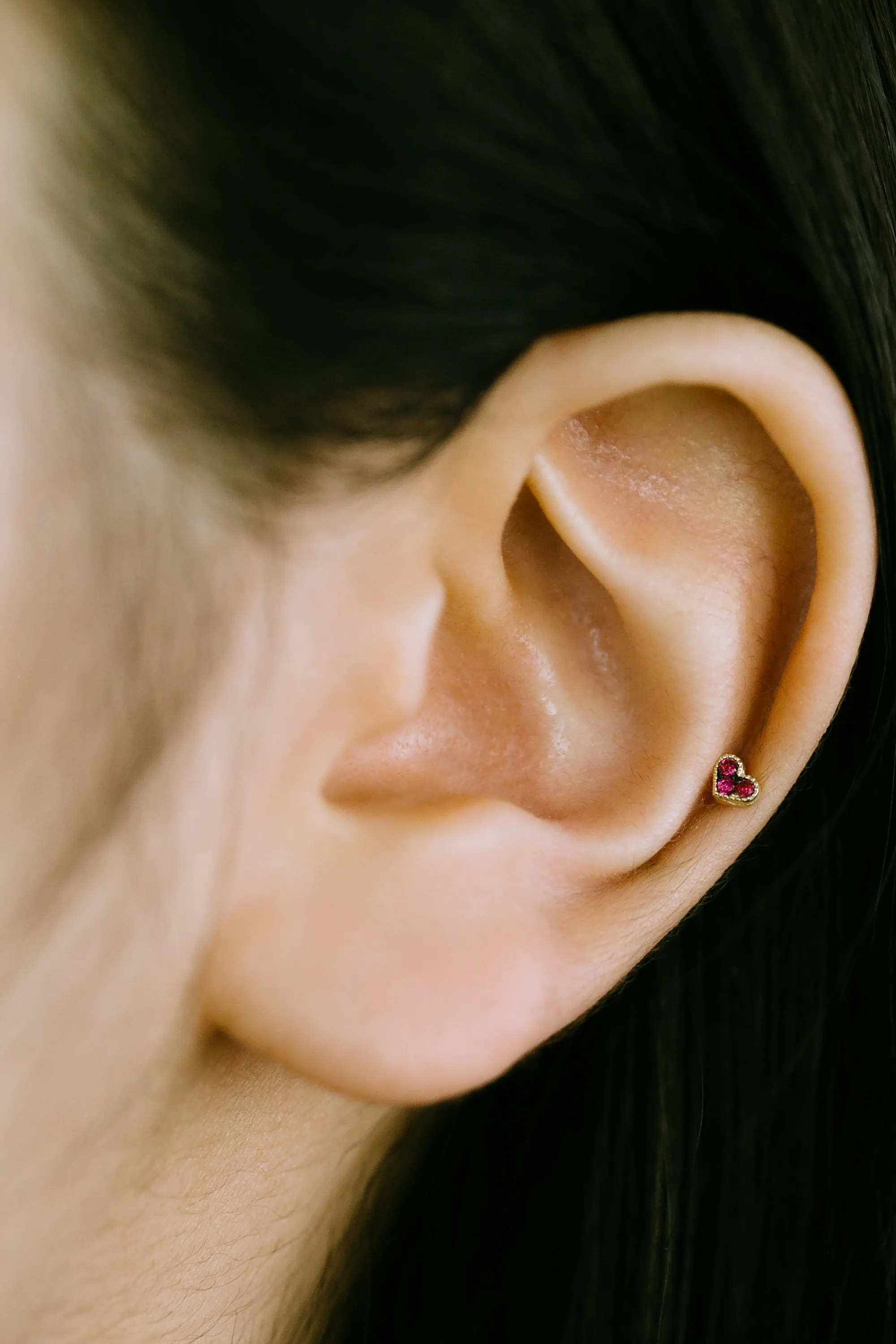 14K Real Gold Minimalist Delicate Ruby Cz Heart Forward Helix Cartilage Tragus Inner Conch Ear Stud Post Internally Threaded Ear