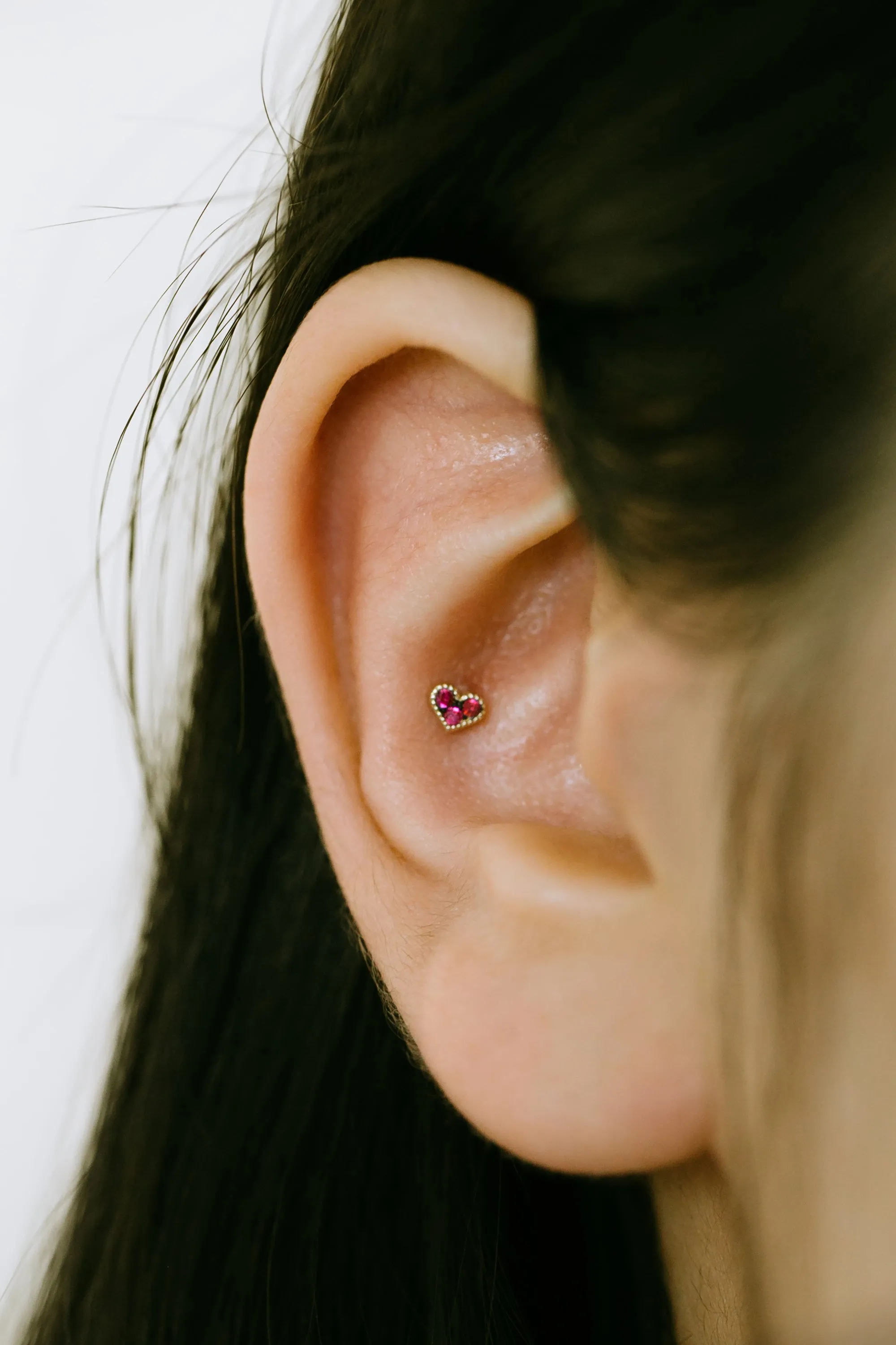 14K Real Gold Minimalist Delicate Ruby Cz Heart Forward Helix Cartilage Tragus Inner Conch Ear Stud Post Internally Threaded Ear