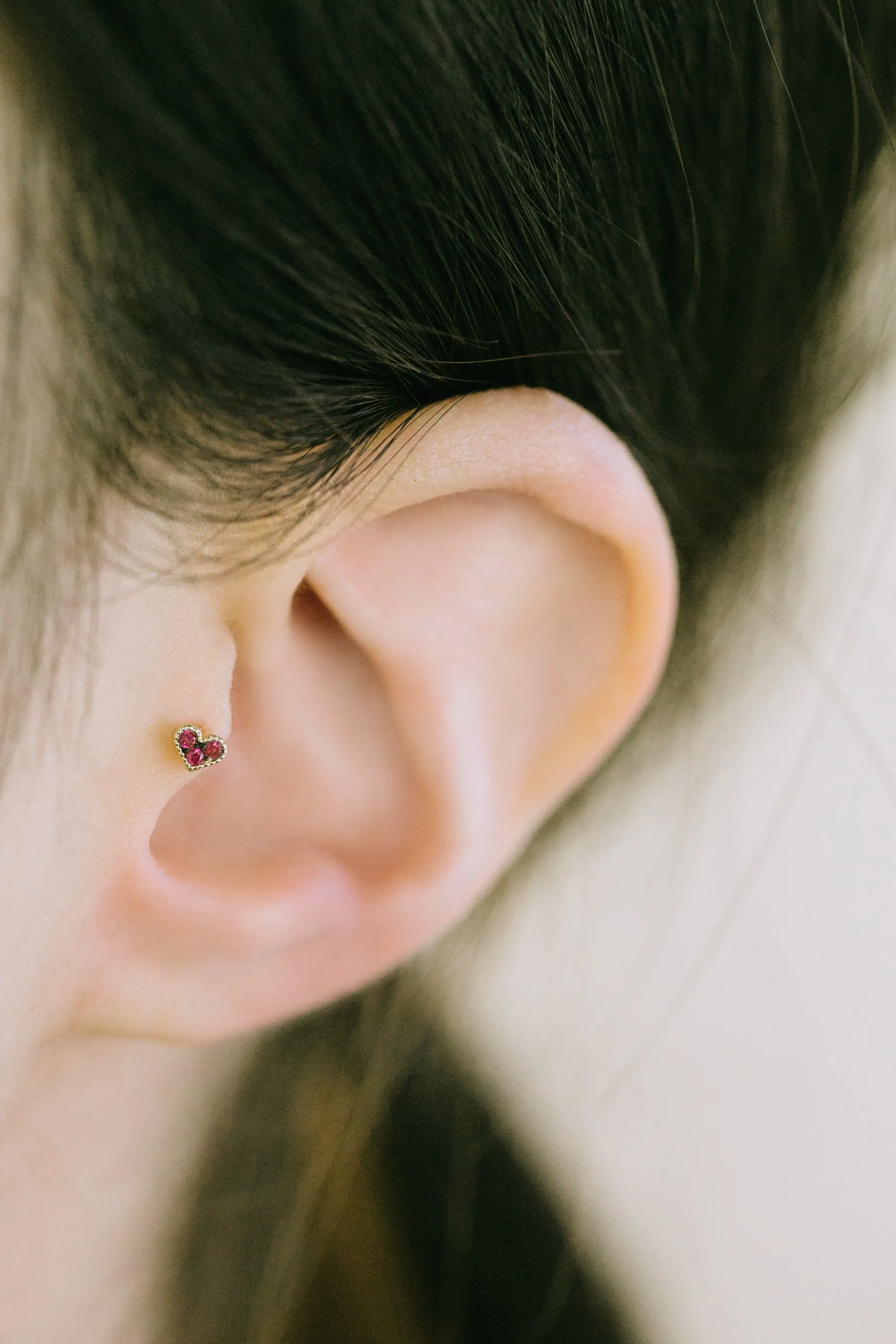 14K Real Gold Minimalist Delicate Ruby Cz Heart Forward Helix Cartilage Tragus Inner Conch Ear Stud Post Internally Threaded Ear