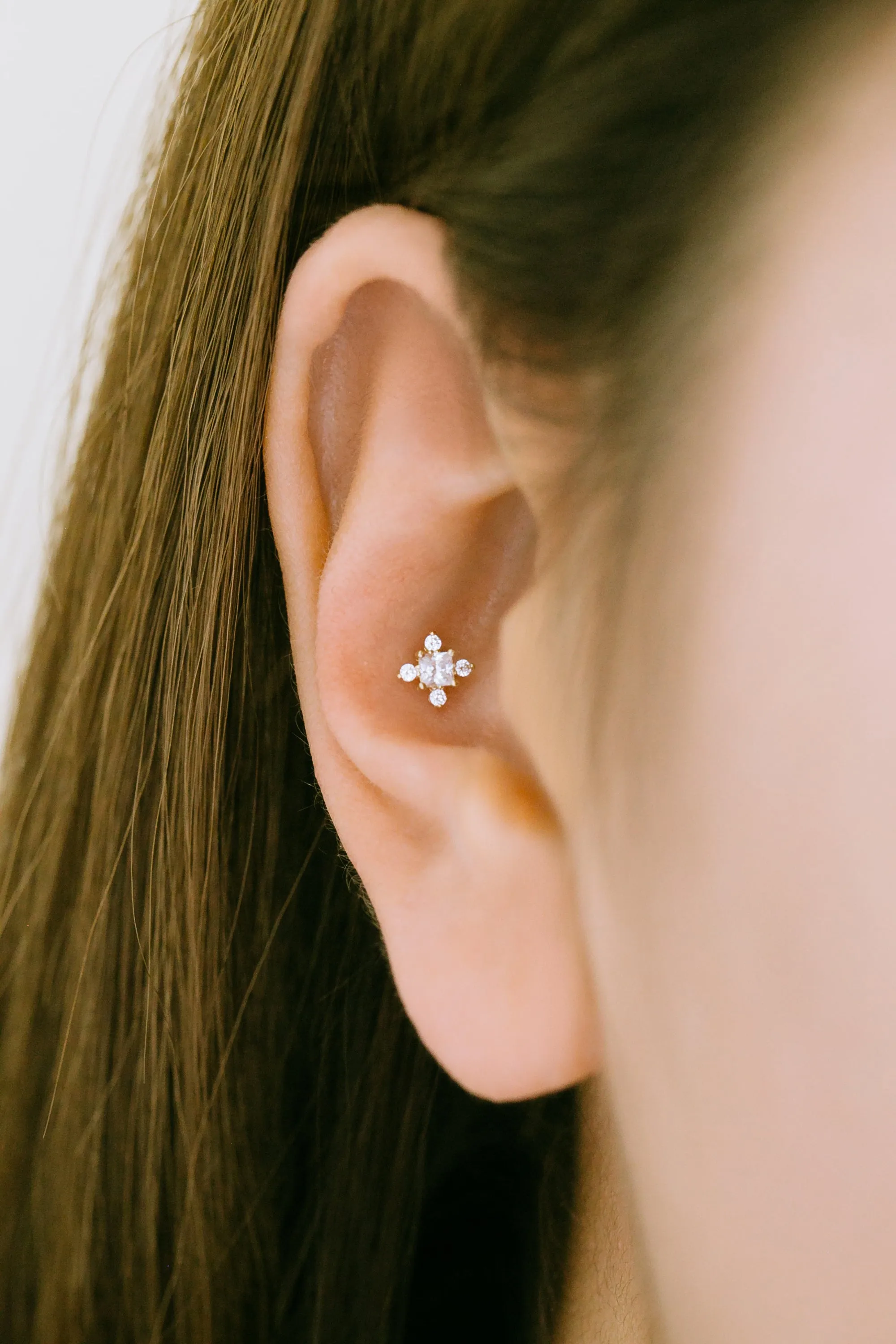 14K Real Gold Square Cz Snowflake Forward Helix Cartilage Tragus Inner Conch Ear Stud Post Internally Threaded Earring Labret Je