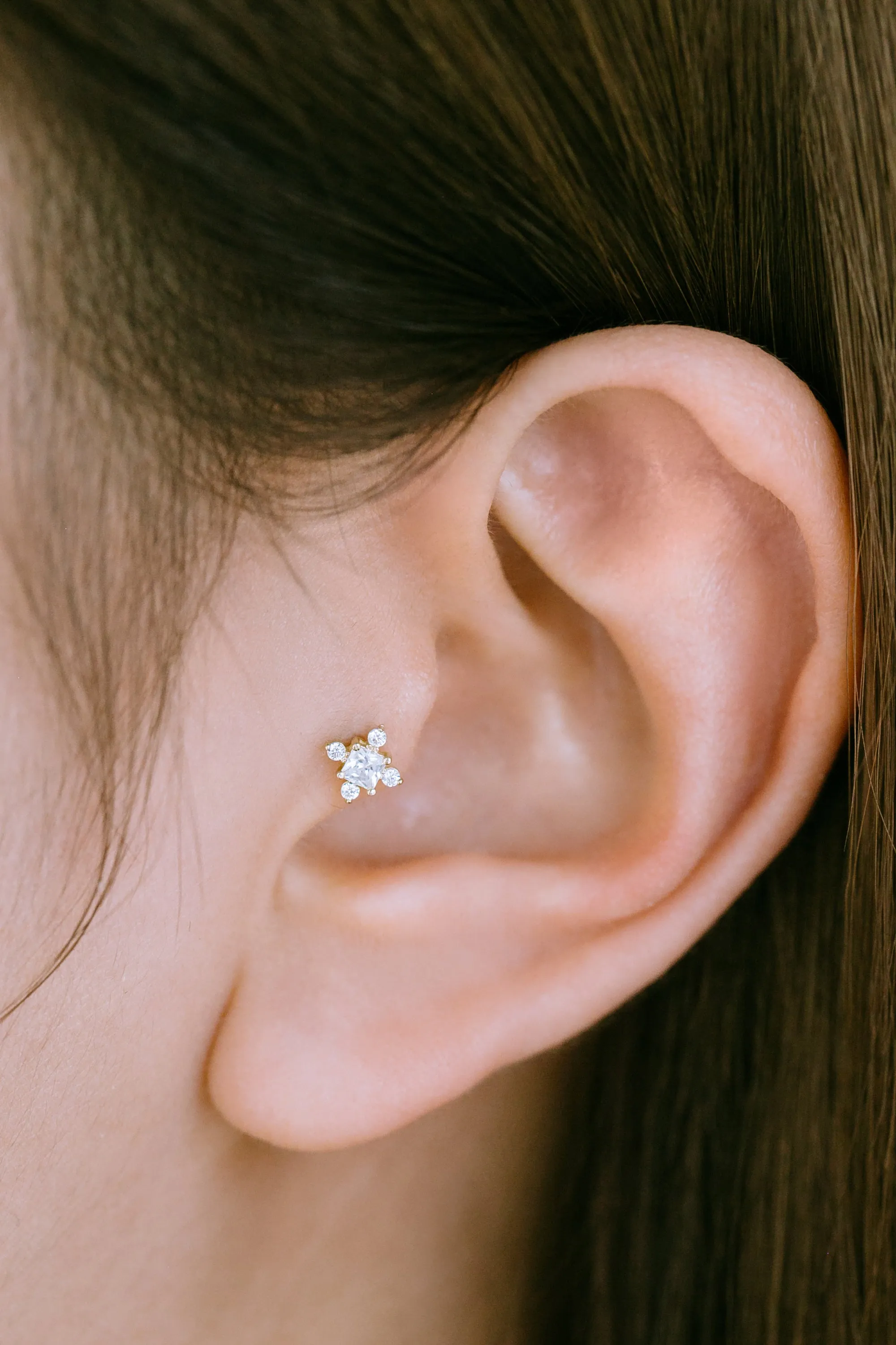 14K Real Gold Square Cz Snowflake Forward Helix Cartilage Tragus Inner Conch Ear Stud Post Internally Threaded Earring Labret Je