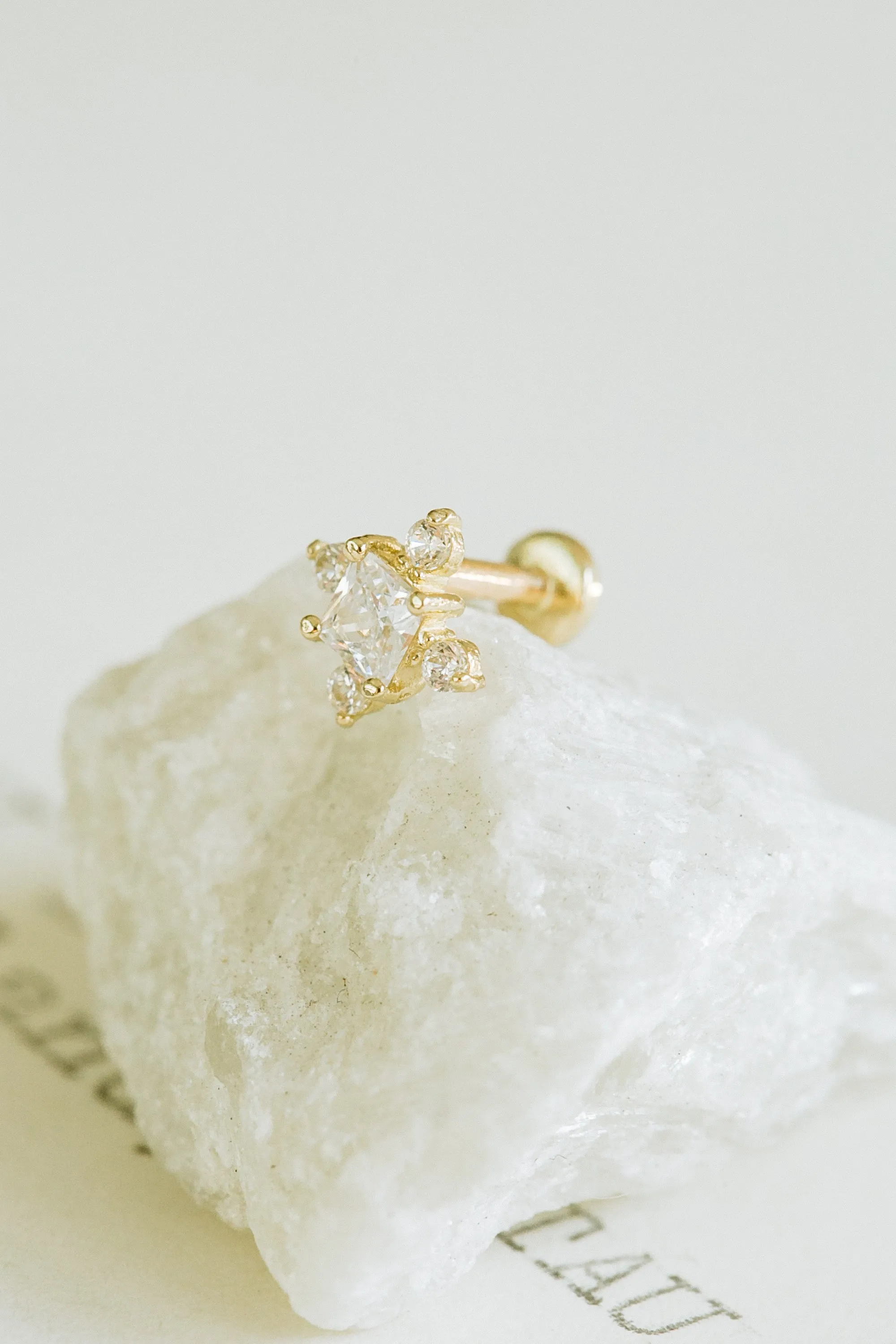 14K Real Gold Square Cz Snowflake Forward Helix Cartilage Tragus Inner Conch Ear Stud Post Internally Threaded Earring Labret Je