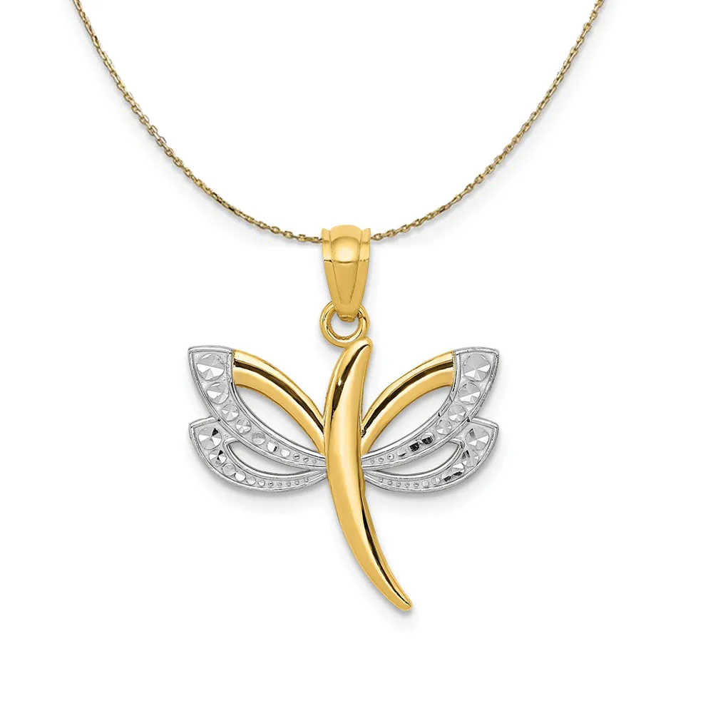 14k Yellow Gold and Rhodium Two Tone Dragonfly Necklace