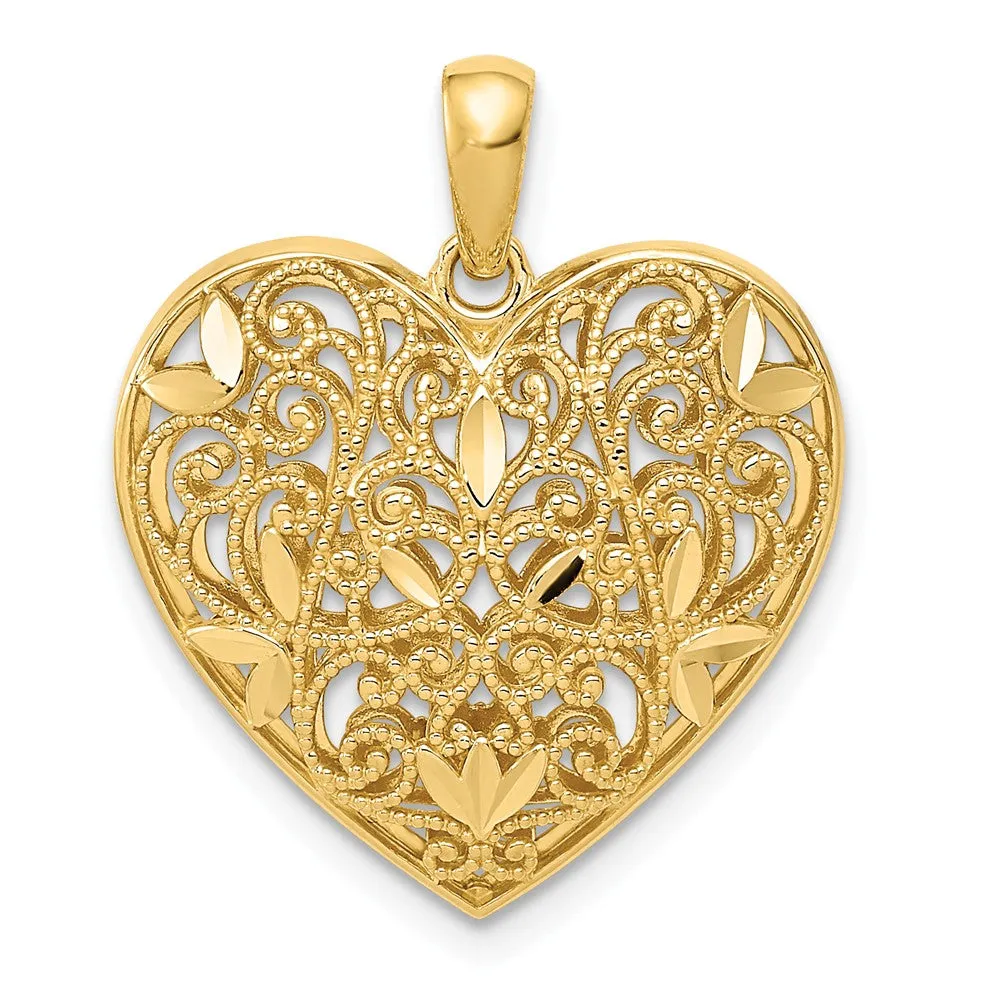 14k Yellow Gold Ornamental Heart Pendant, 20mm