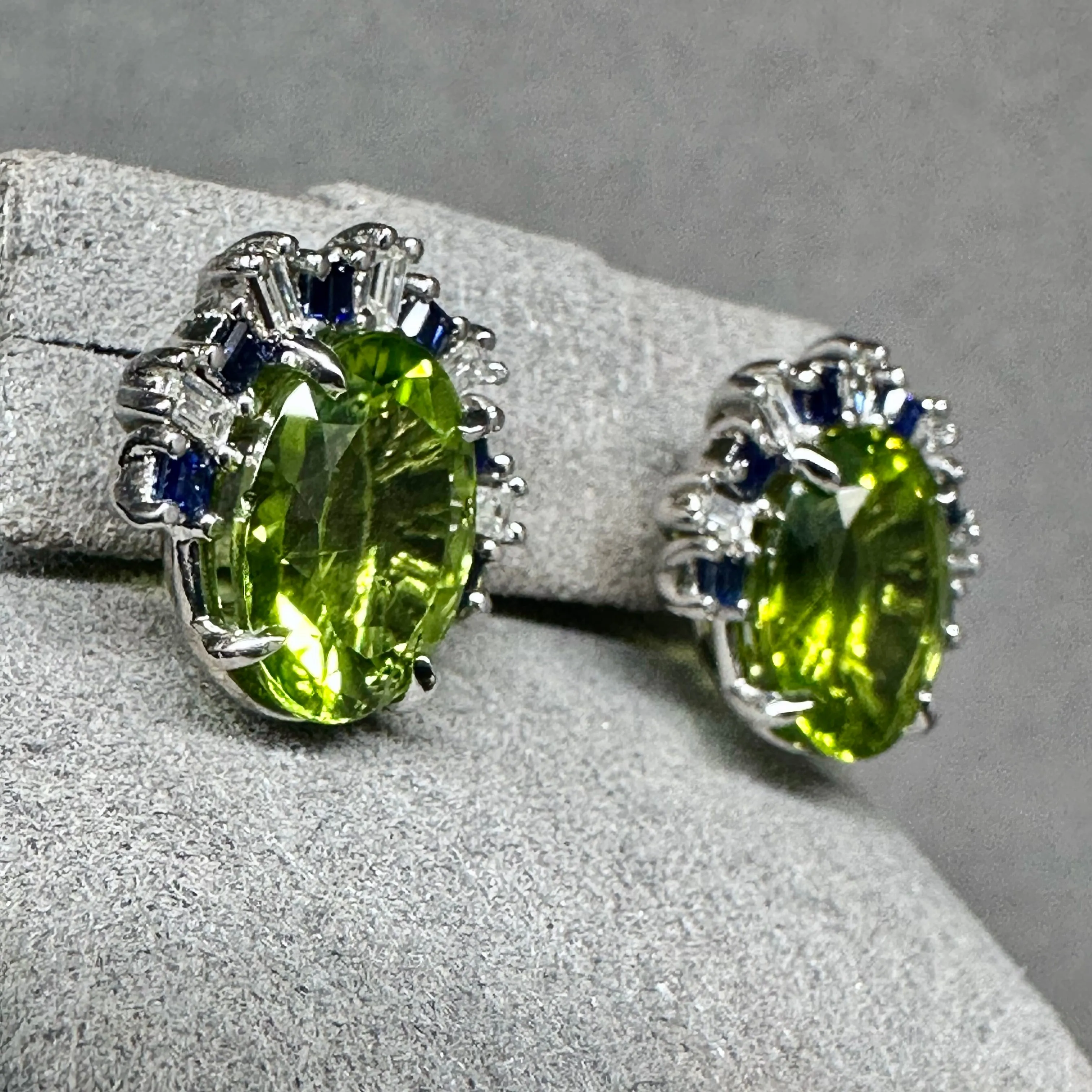 6ctw Vivid Green Peridot Earrings with Sapphires & Diamonds