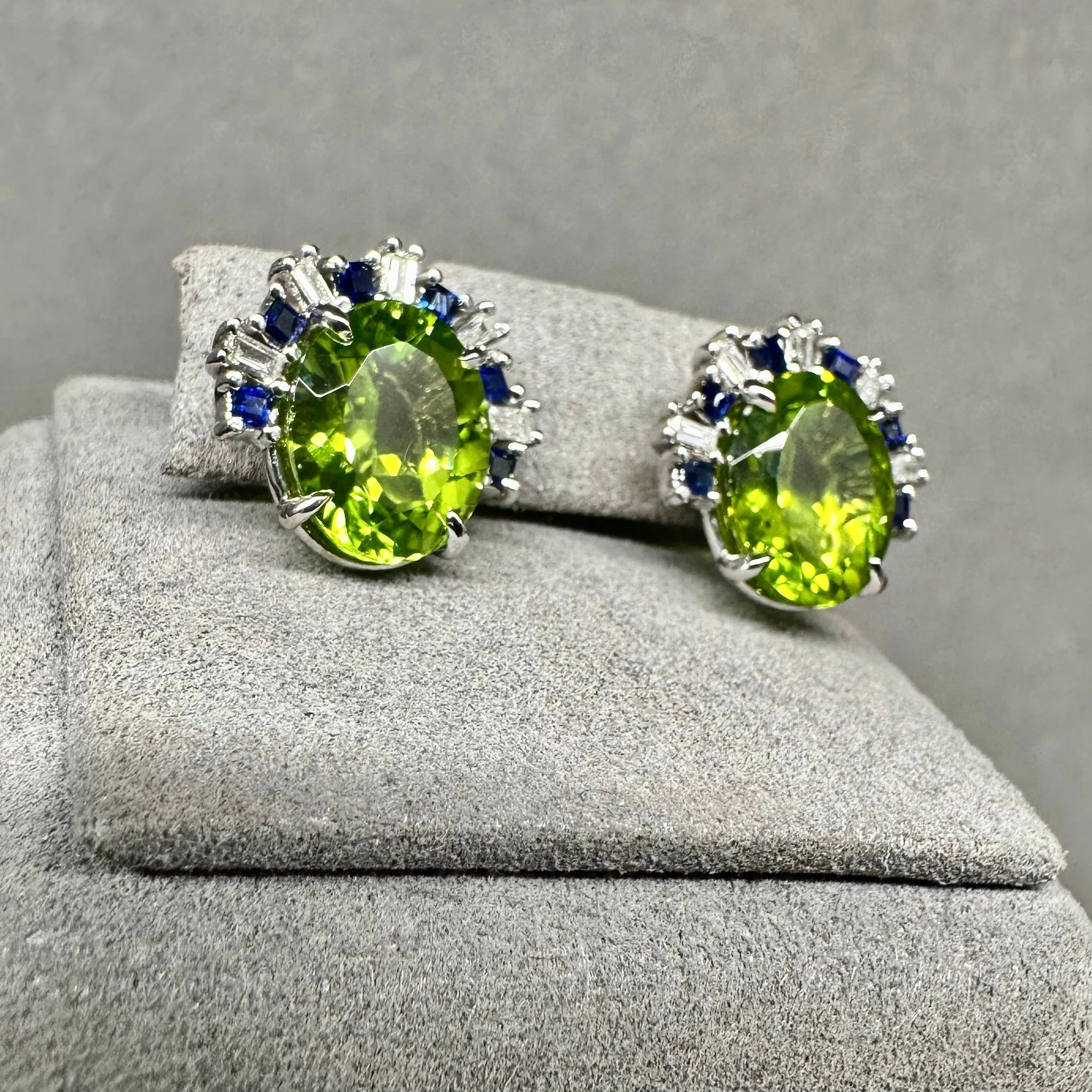 6ctw Vivid Green Peridot Earrings with Sapphires & Diamonds