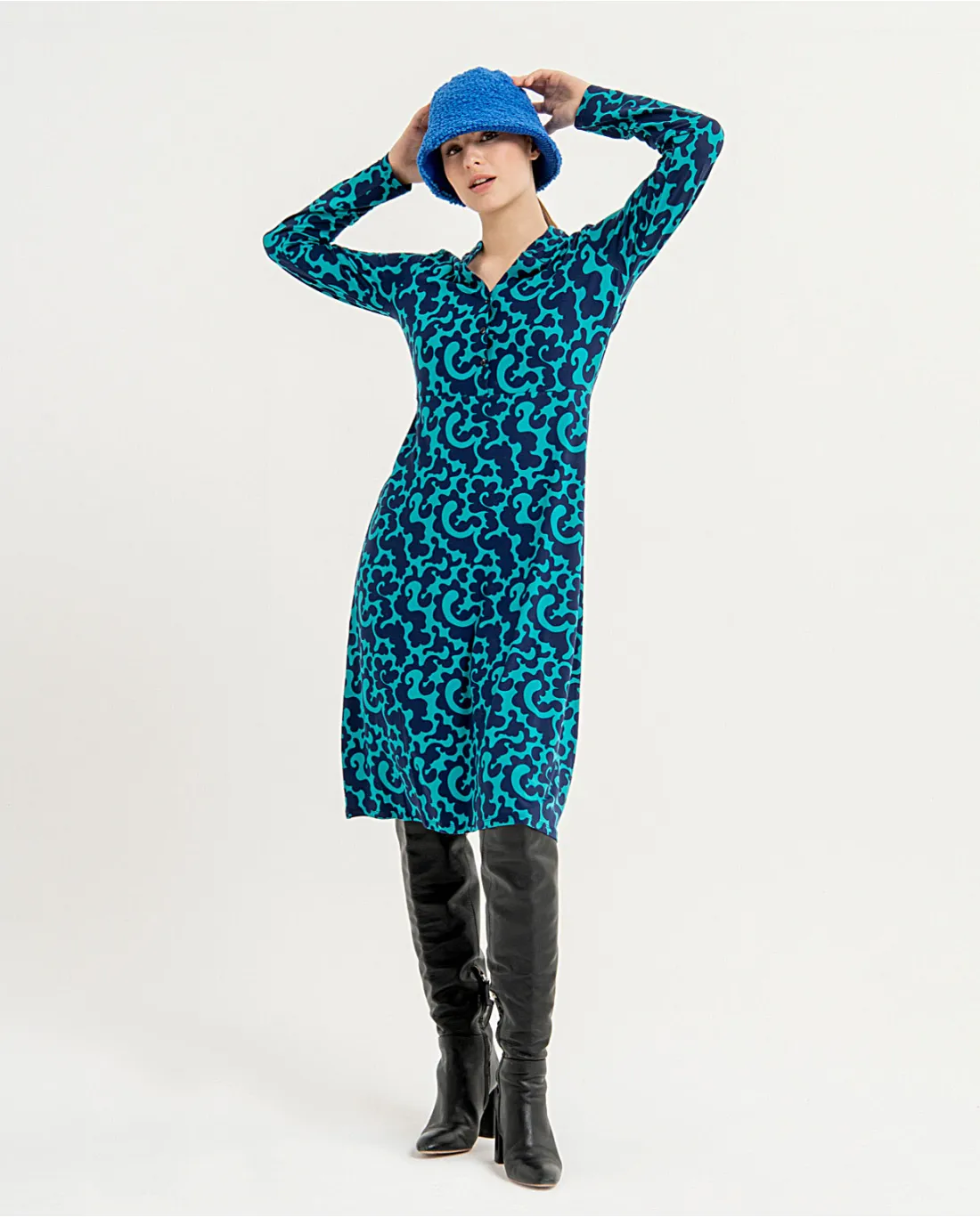 716- Long Sleeve Button Front Dress- Blue Mix- Surkana