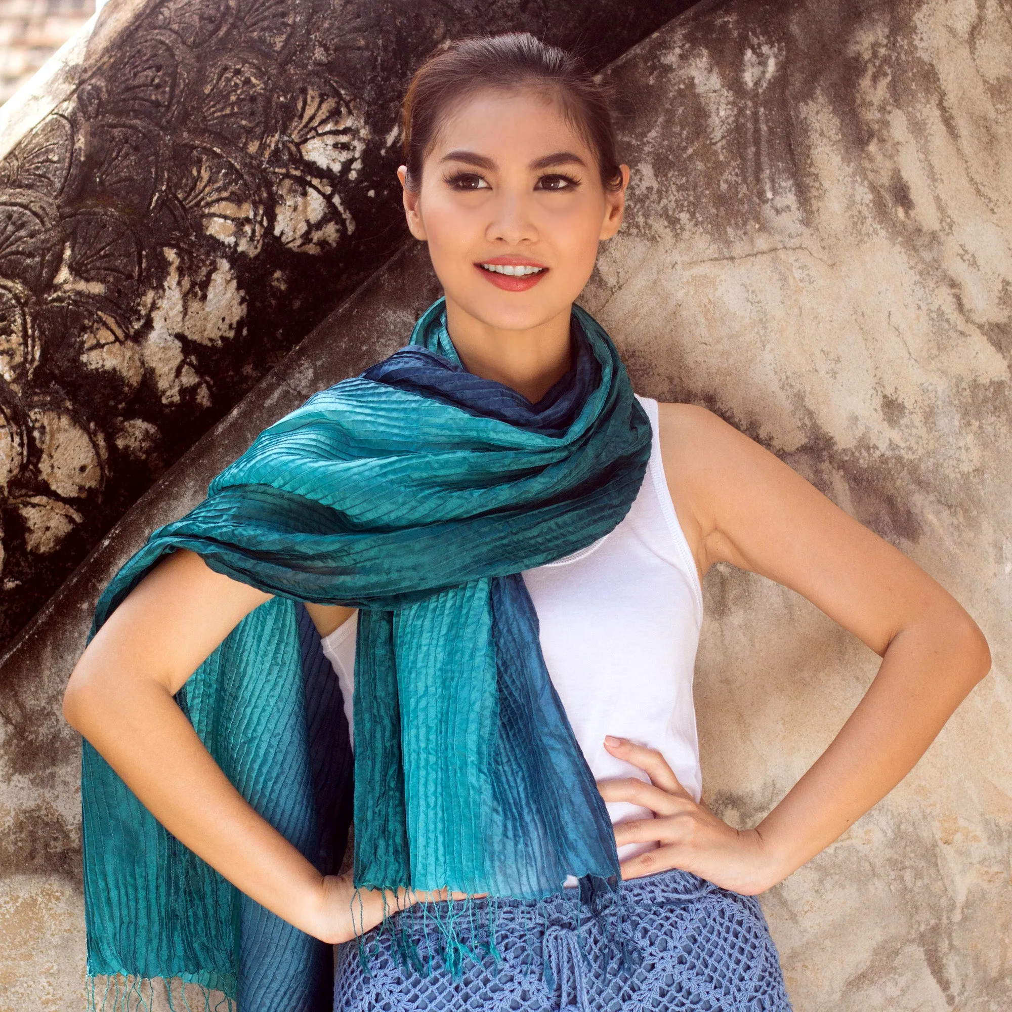 Aqua Turquoise Transition Hand Dyed Pin Tuck Silk Scarf