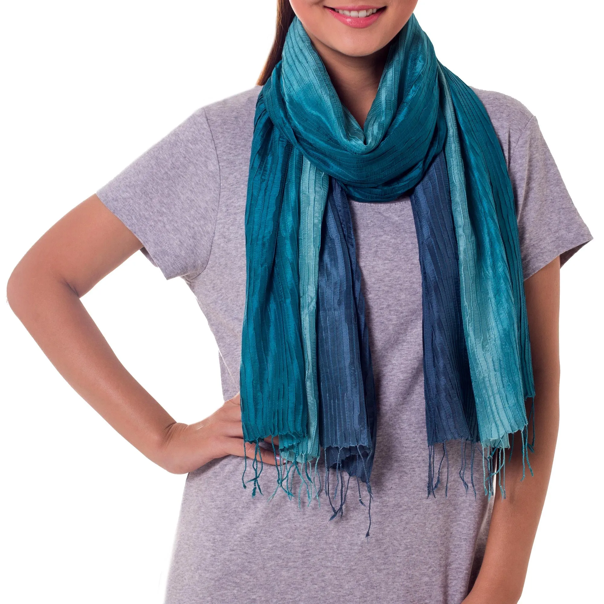 Aqua Turquoise Transition Hand Dyed Pin Tuck Silk Scarf