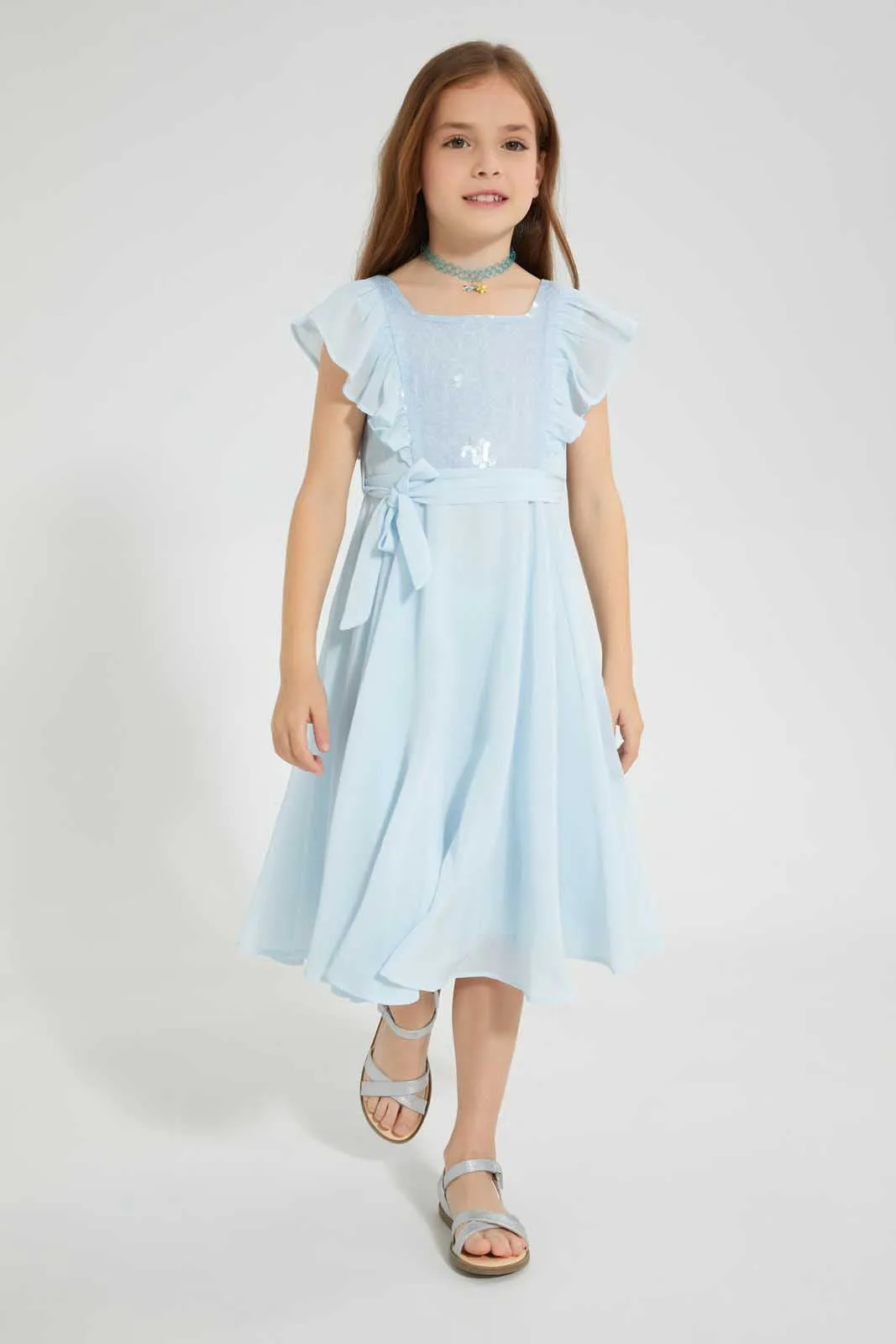 Blue Sequined Belted Dress