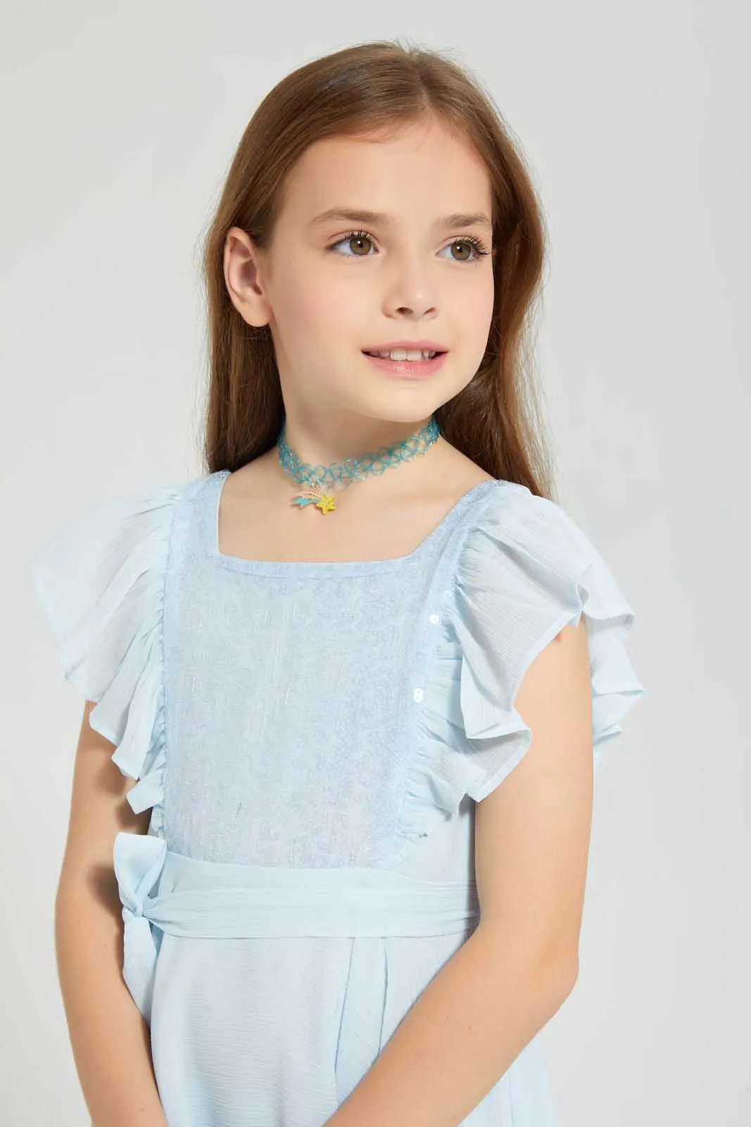 Blue Sequined Belted Dress