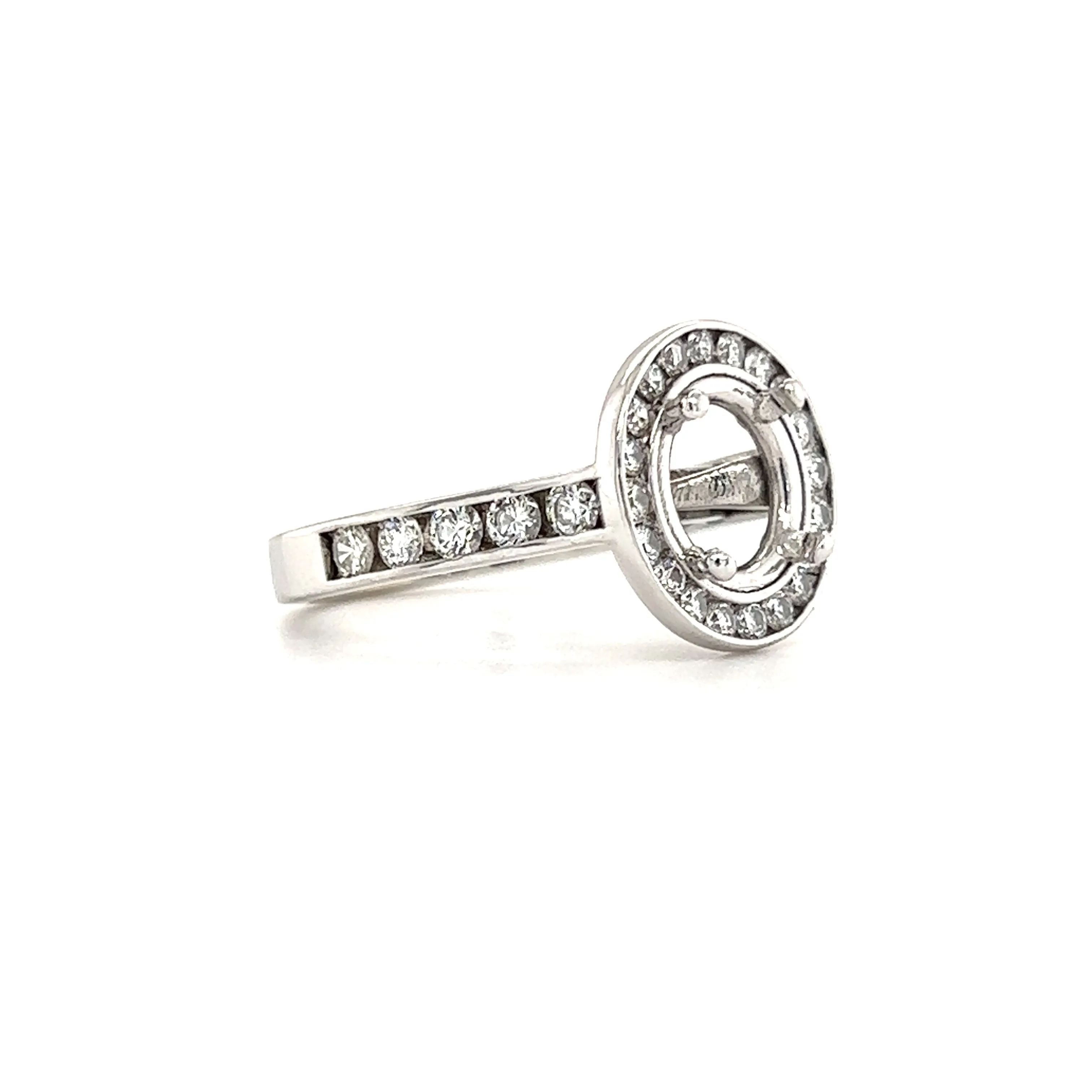 Diamond Ring Setting with Diamond Halo and Side Diamonds in 14K White Gold