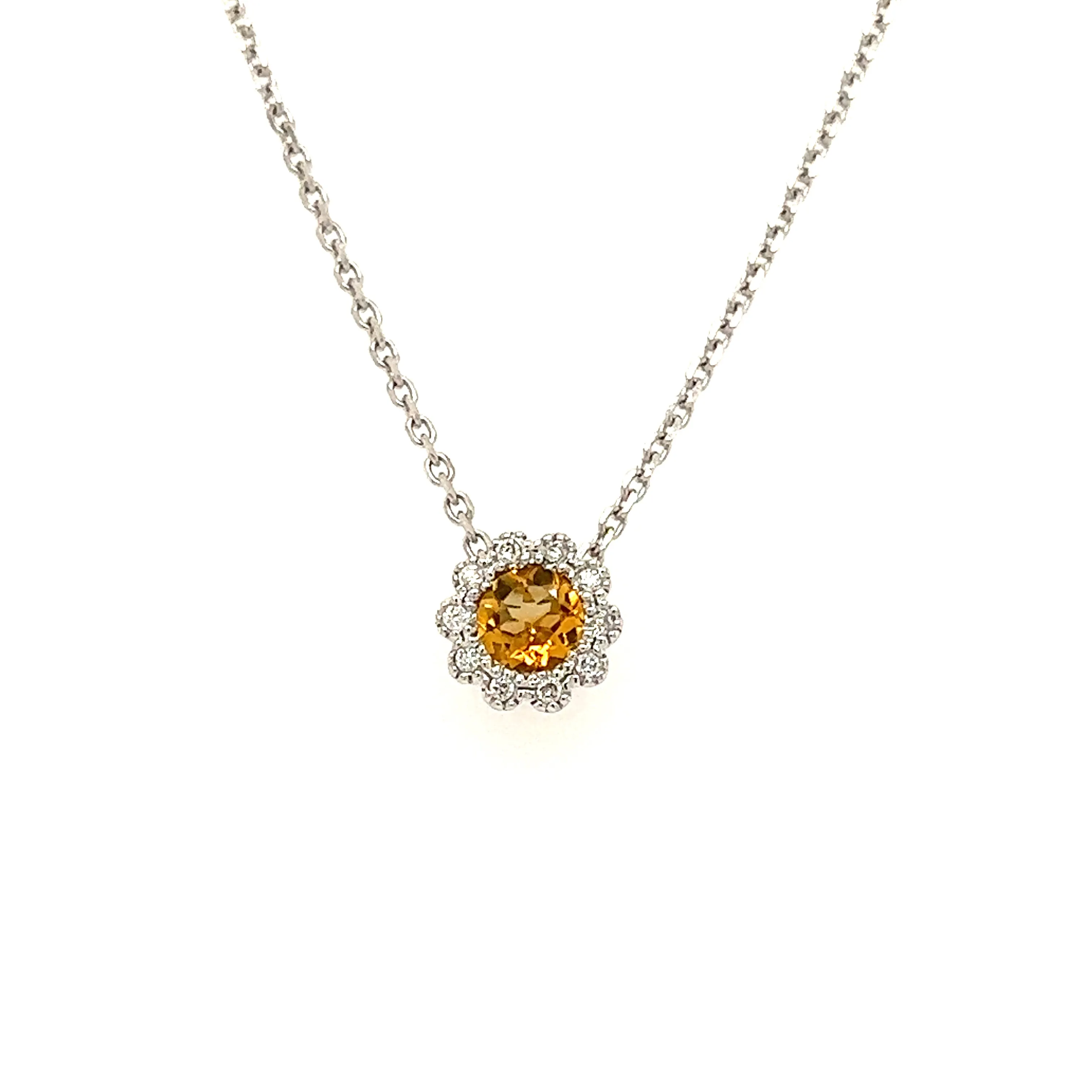 Floral Citrine Pendant with Diamond Halo in 14K White Gold