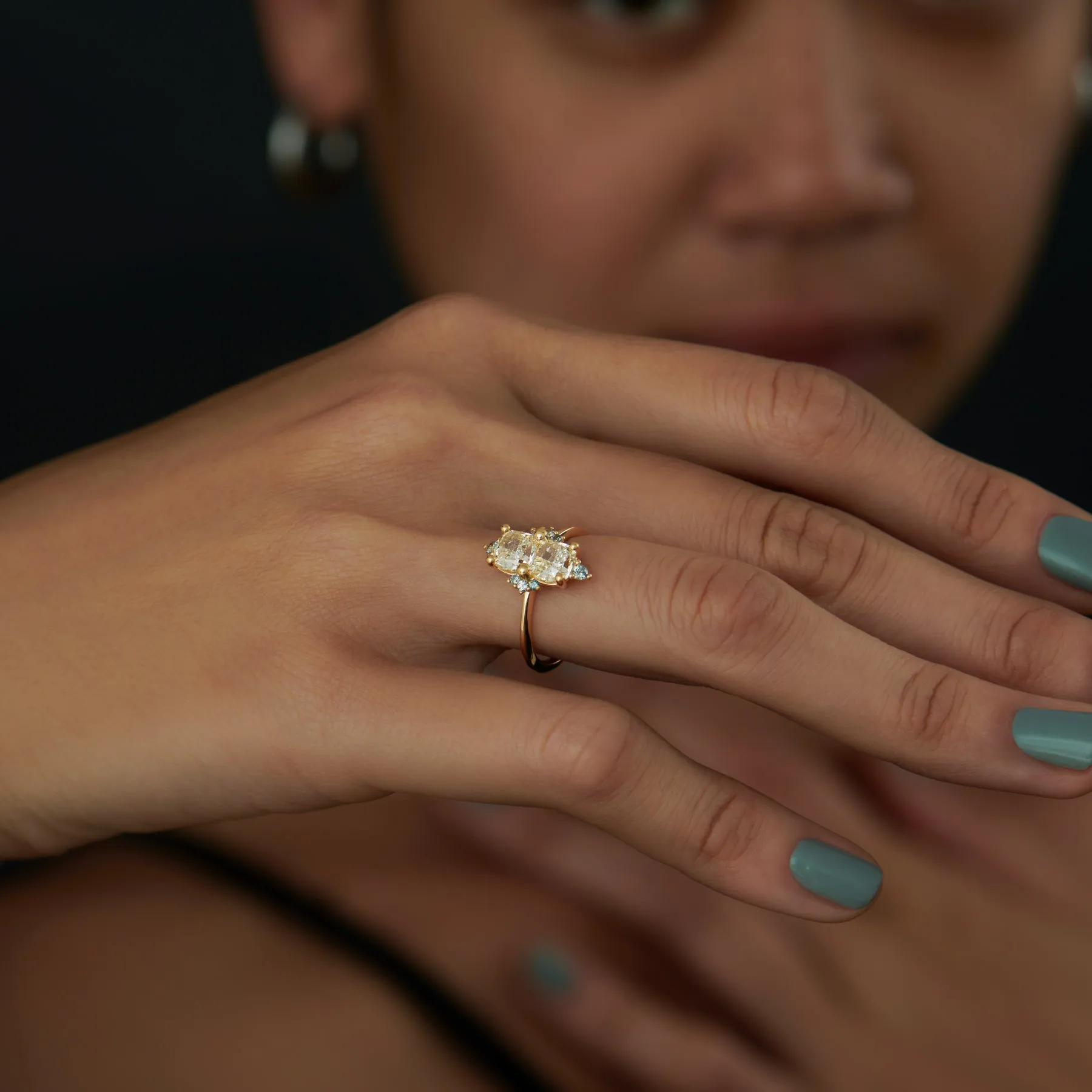 Gilded Mirror Cushion Cut Diamond & Teal Sapphire Engagement Ring