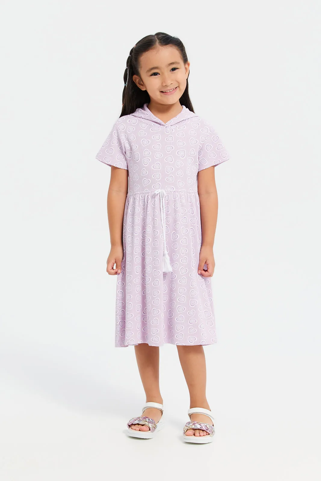 Girls Lilac Hear Print Hooded Dress