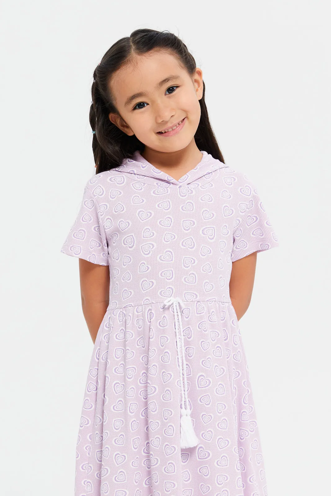 Girls Lilac Hear Print Hooded Dress