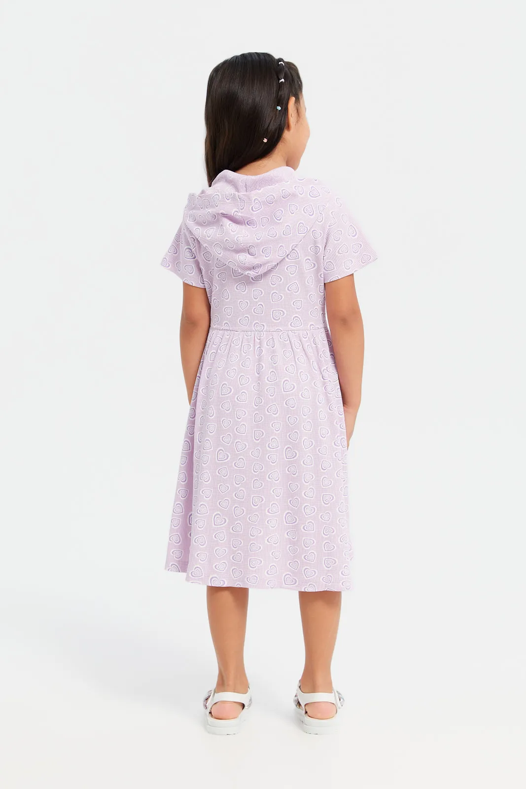 Girls Lilac Hear Print Hooded Dress