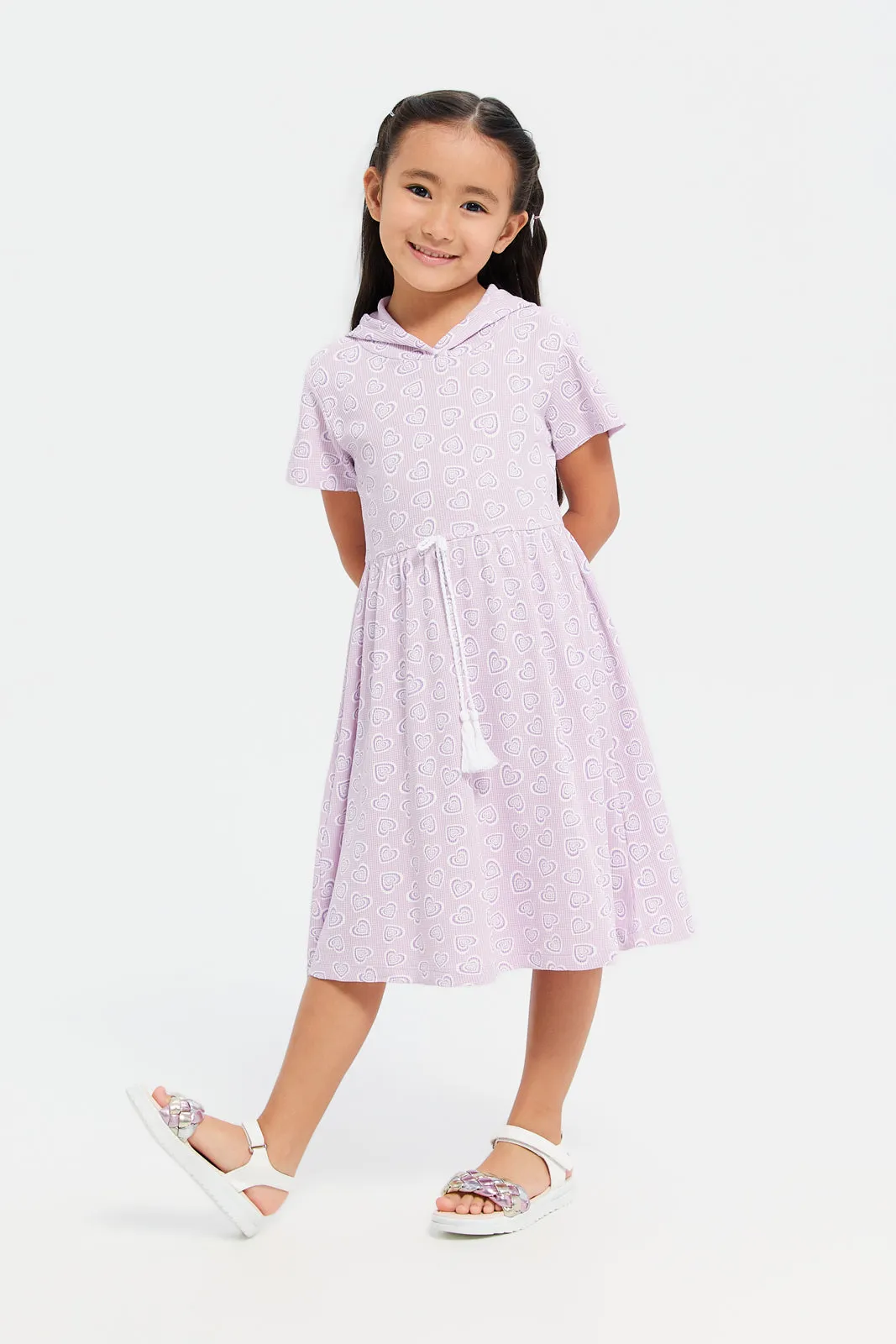 Girls Lilac Hear Print Hooded Dress