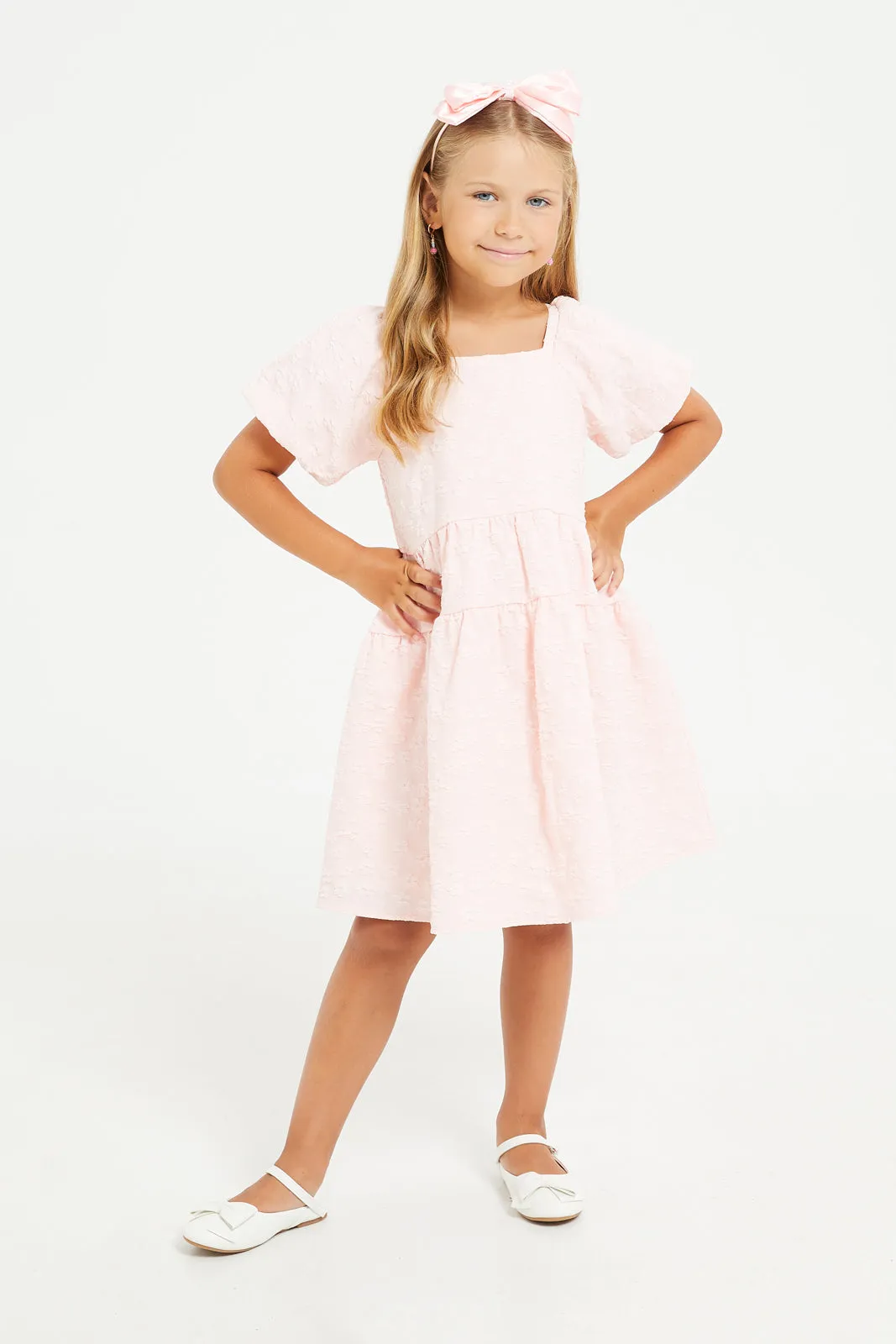 Girls Pink Jacquard Puff Sleeve Dress