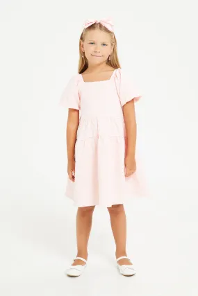 Girls Pink Jacquard Puff Sleeve Dress