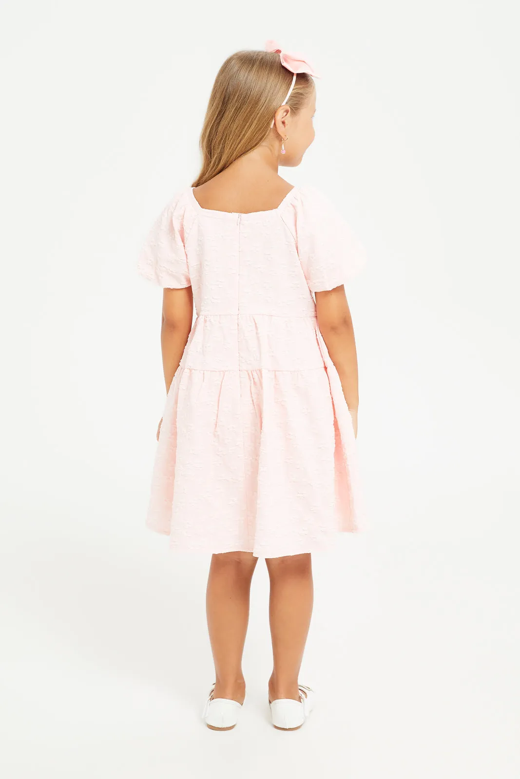 Girls Pink Jacquard Puff Sleeve Dress