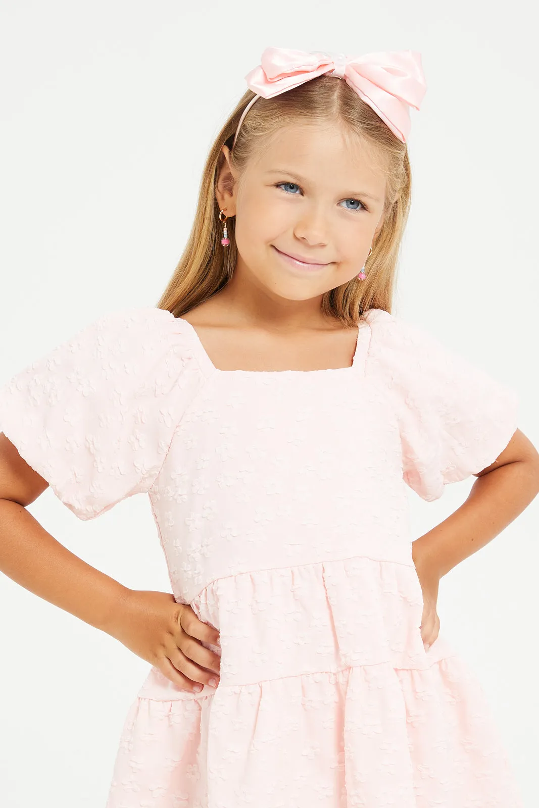 Girls Pink Jacquard Puff Sleeve Dress