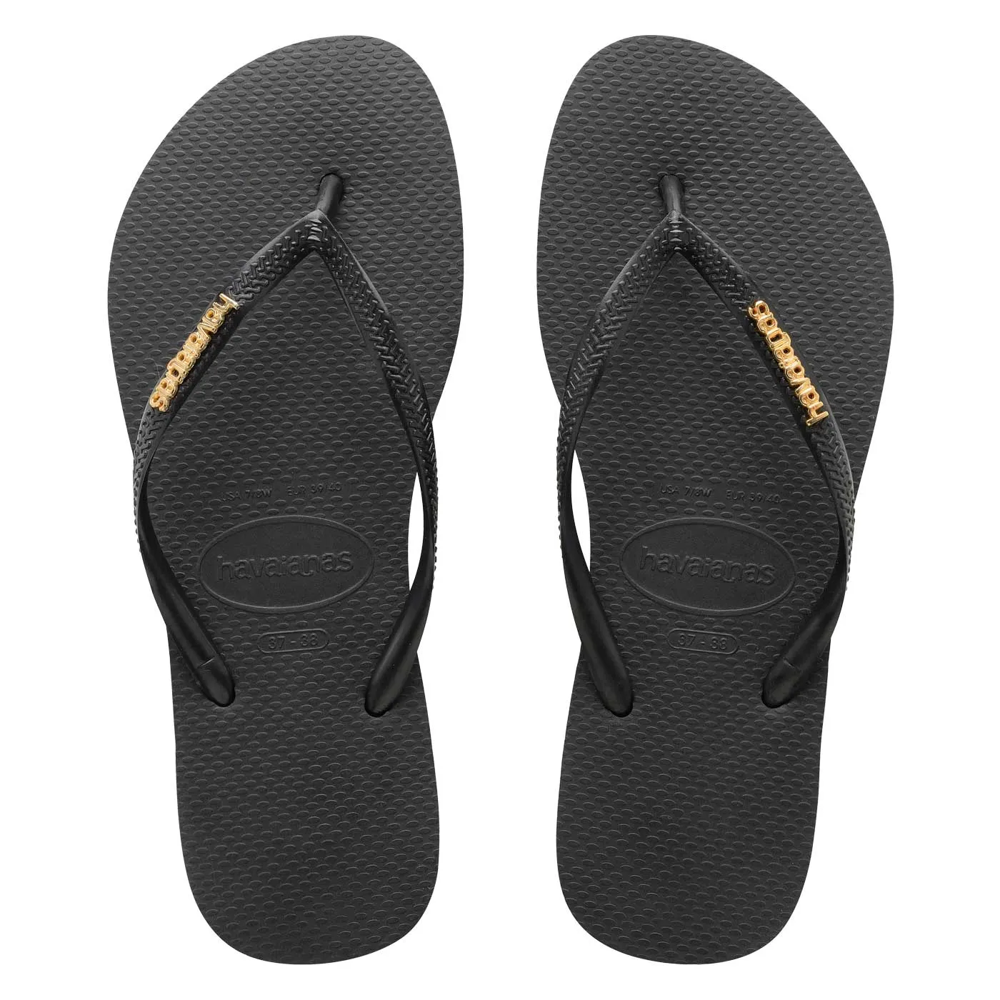 Havaianas Slim Metal Logo Black/Gold Thongs