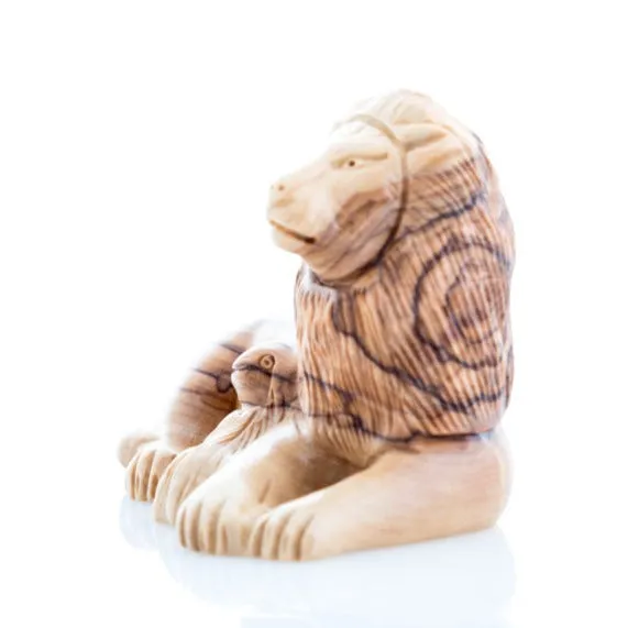 Lion with Lamb Wooden Sculpture, 4 Hand Carved in Holy Land