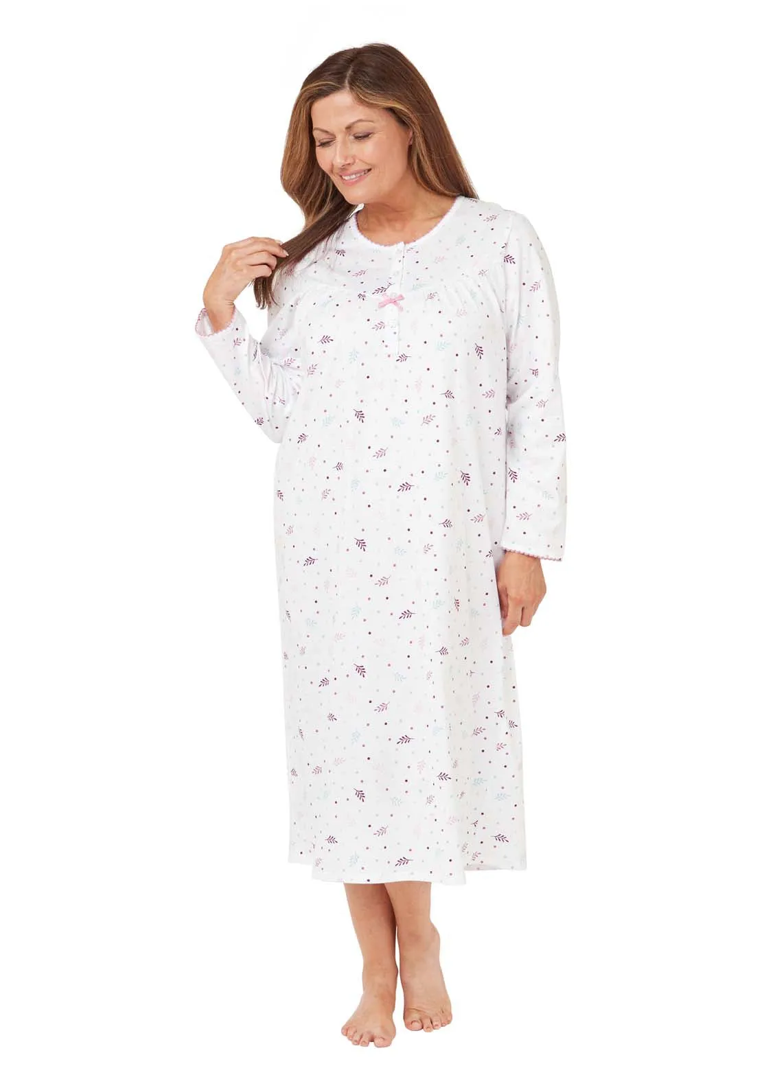 Long Sleeve Leaf Cotton Night Dress - Pink