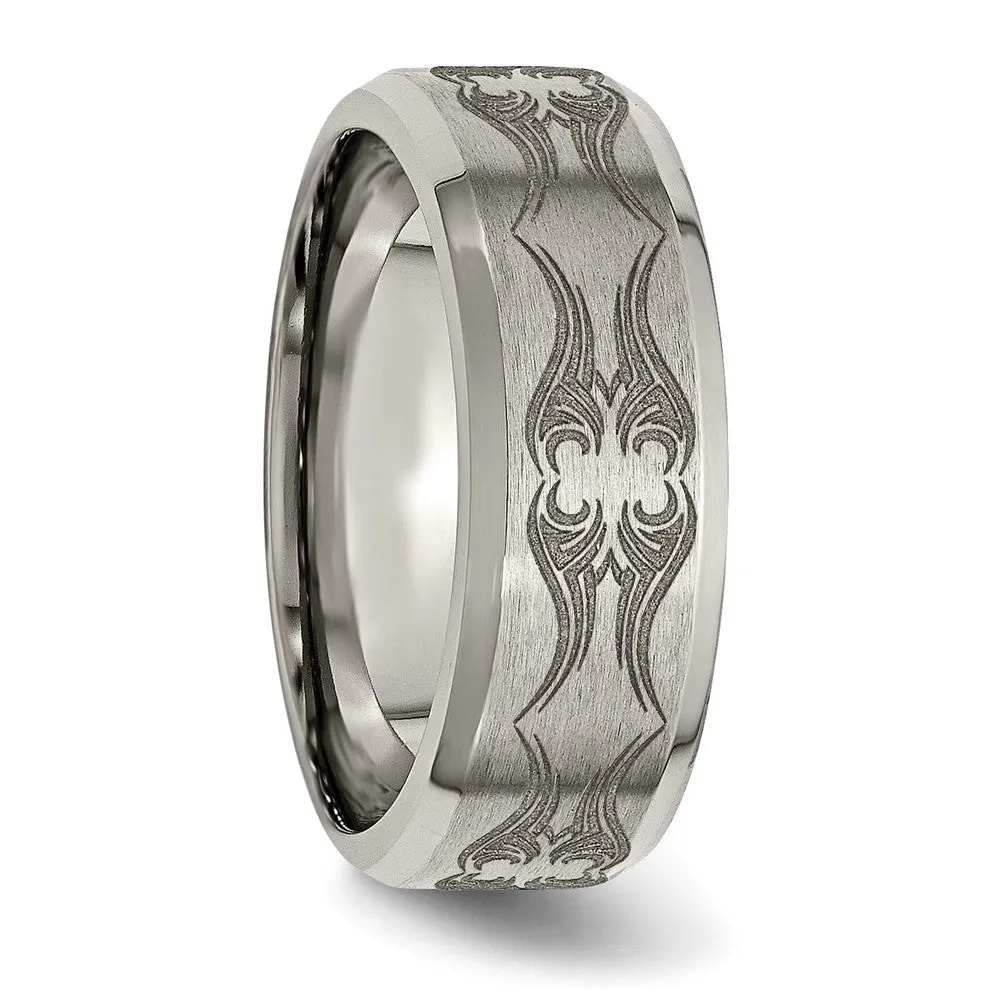 Men's 8mm Titanium Laser Cut Design Beveled Edge Standard Fit Band