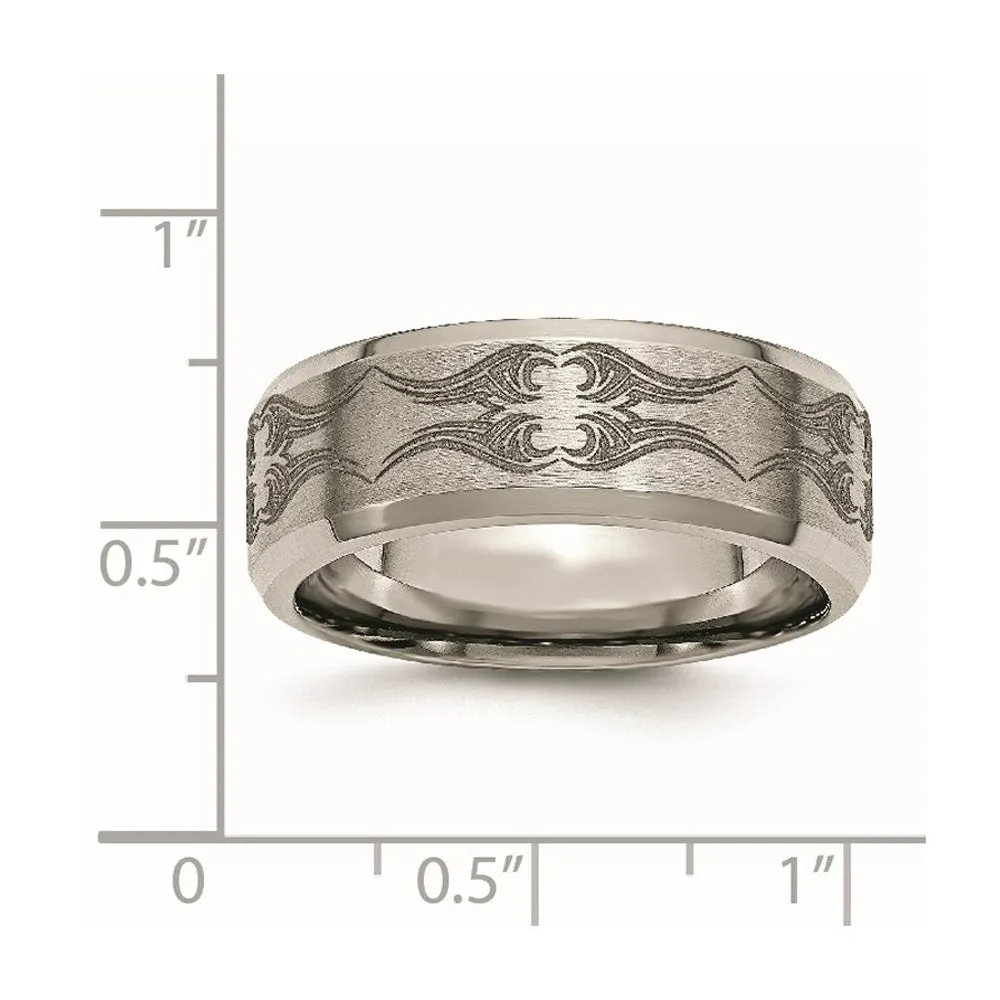 Men's 8mm Titanium Laser Cut Design Beveled Edge Standard Fit Band