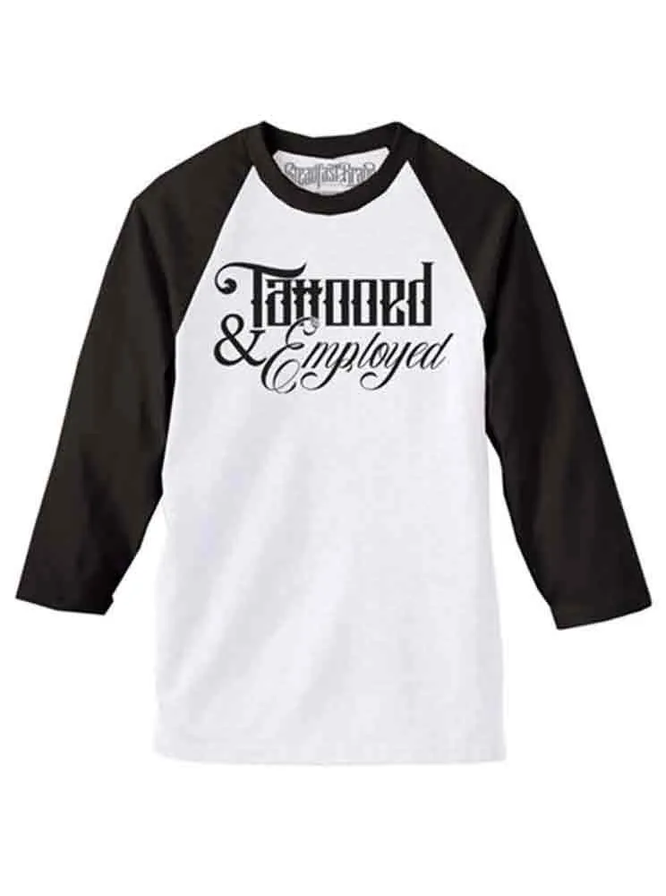 Men's Tattooed & Employed Script Baseball Tee (White/Black)