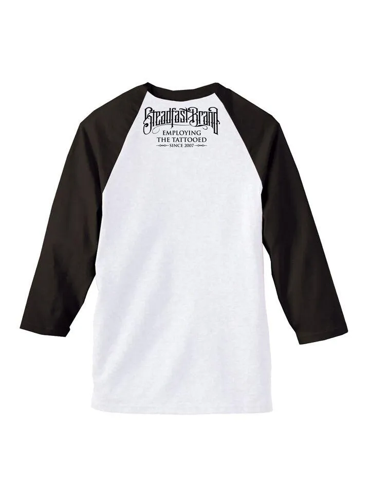 Men's Tattooed & Employed Script Baseball Tee (White/Black)