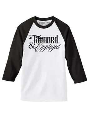 Men's Tattooed & Employed Script Baseball Tee (White/Black)