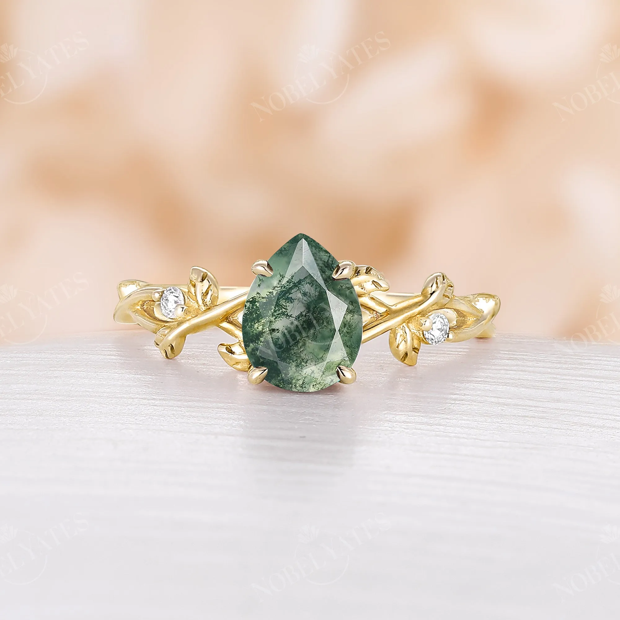 Moss Agate Pear cut Engagement Ring Leaf Design Rose Gold