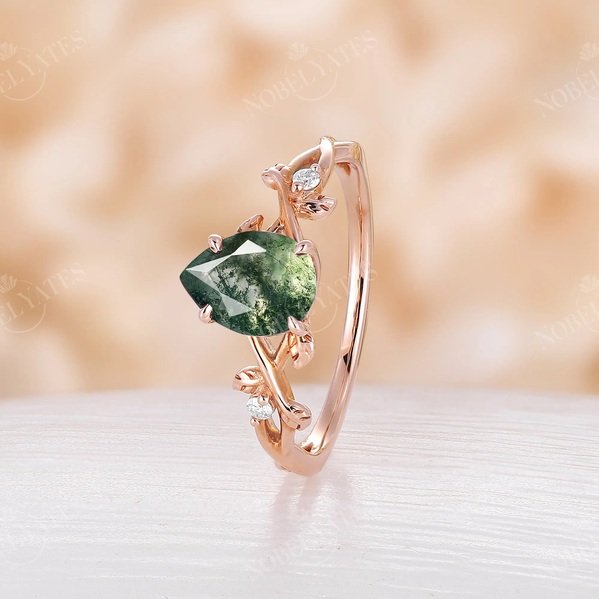 Moss Agate Pear cut Engagement Ring Leaf Design Rose Gold