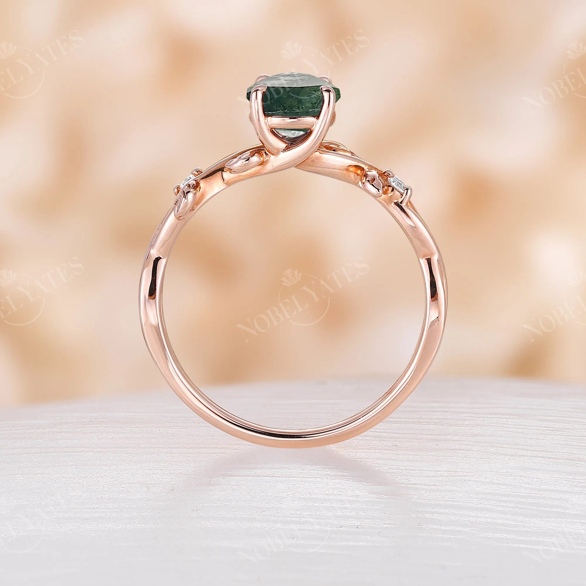 Moss Agate Pear cut Engagement Ring Leaf Design Rose Gold