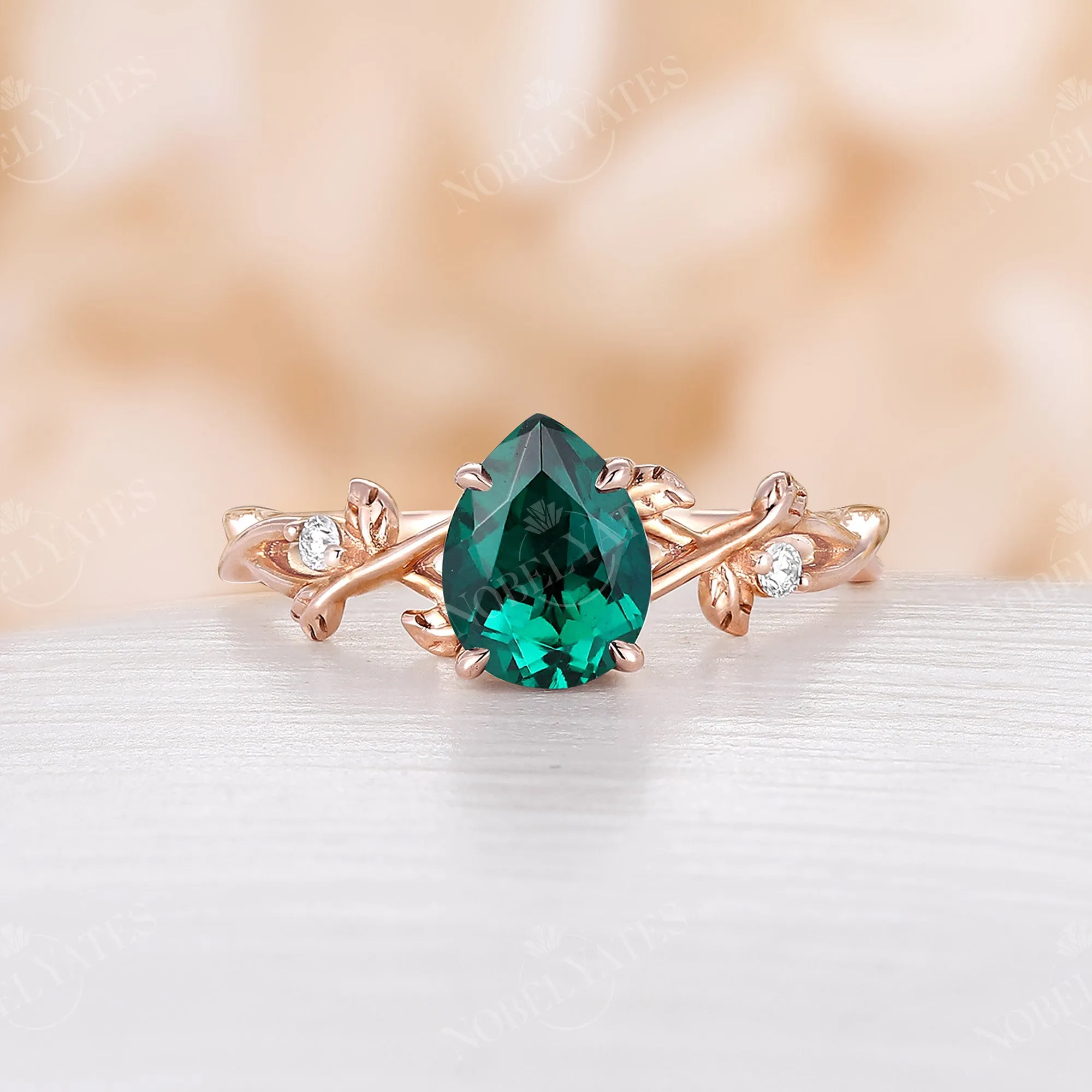 Moss Agate Pear cut Engagement Ring Leaf Design Rose Gold