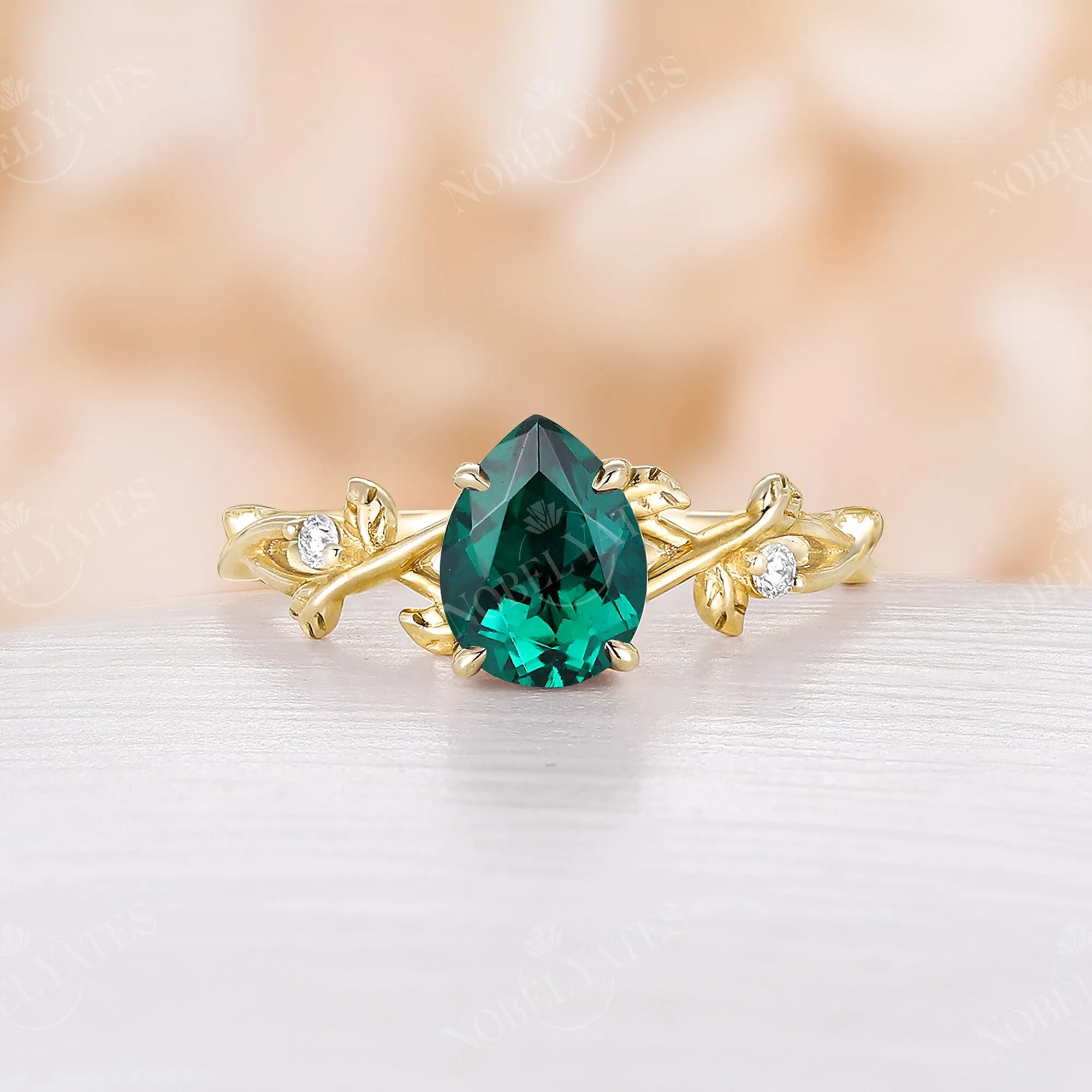 Moss Agate Pear cut Engagement Ring Leaf Design Rose Gold