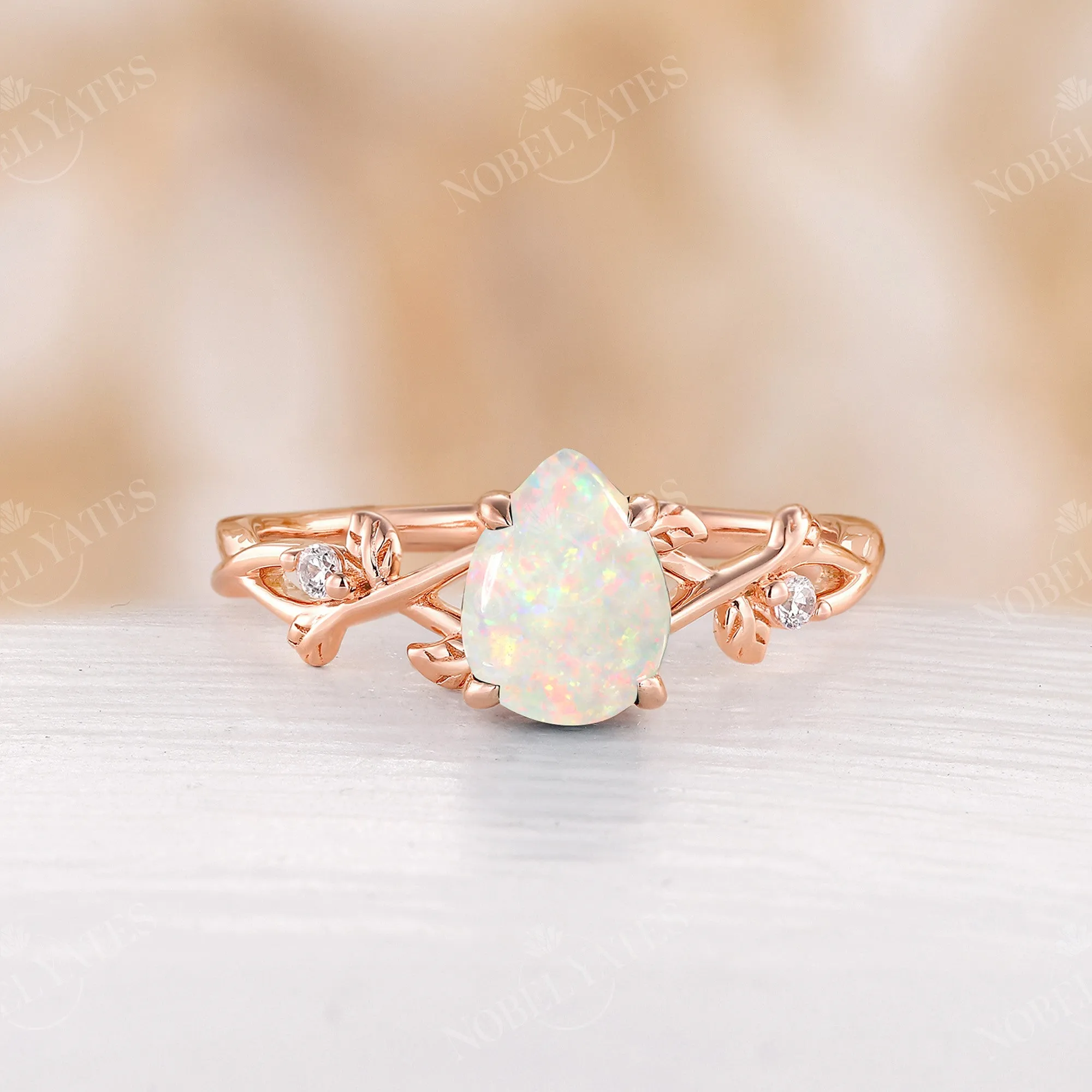 Moss Agate Pear cut Engagement Ring Leaf Design Rose Gold