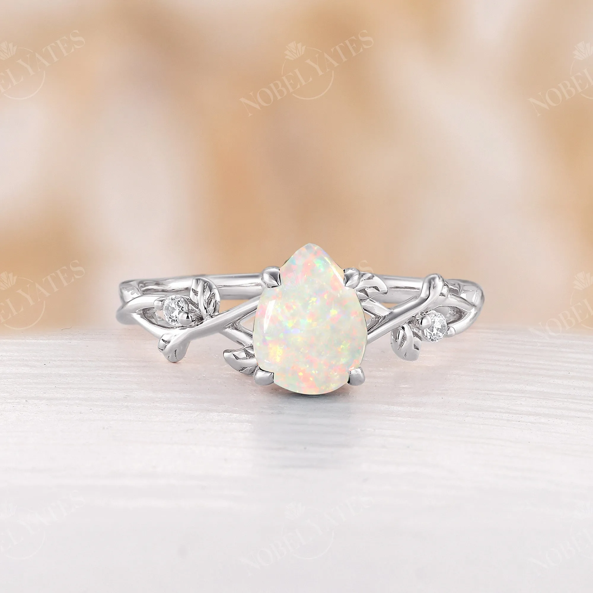 Moss Agate Pear cut Engagement Ring Leaf Design Rose Gold