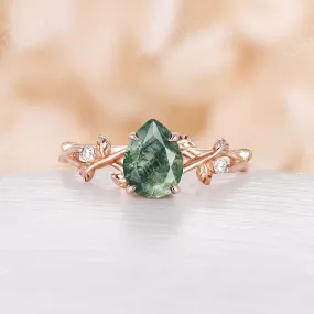 Moss Agate Pear cut Engagement Ring Leaf Design Rose Gold