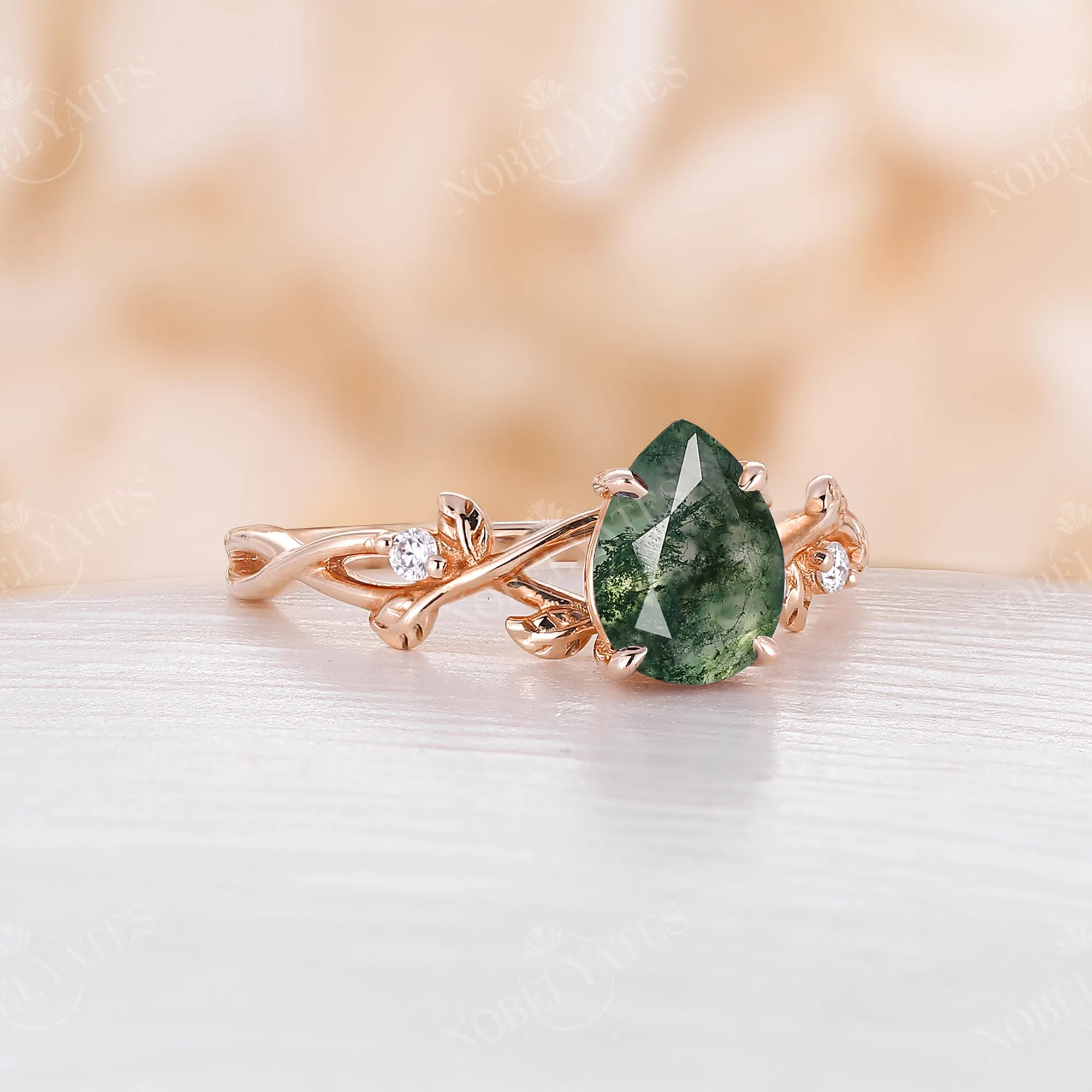 Moss Agate Pear cut Engagement Ring Leaf Design Rose Gold