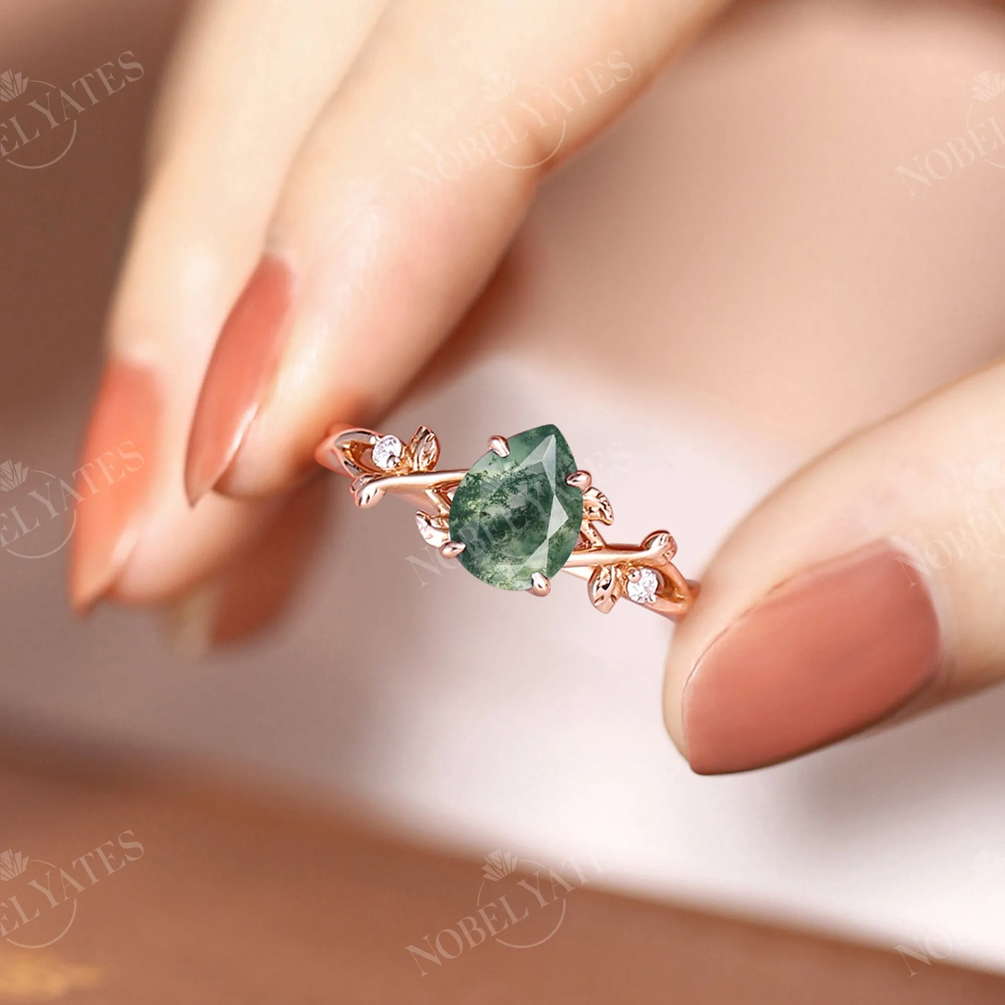 Moss Agate Pear cut Engagement Ring Leaf Design Rose Gold