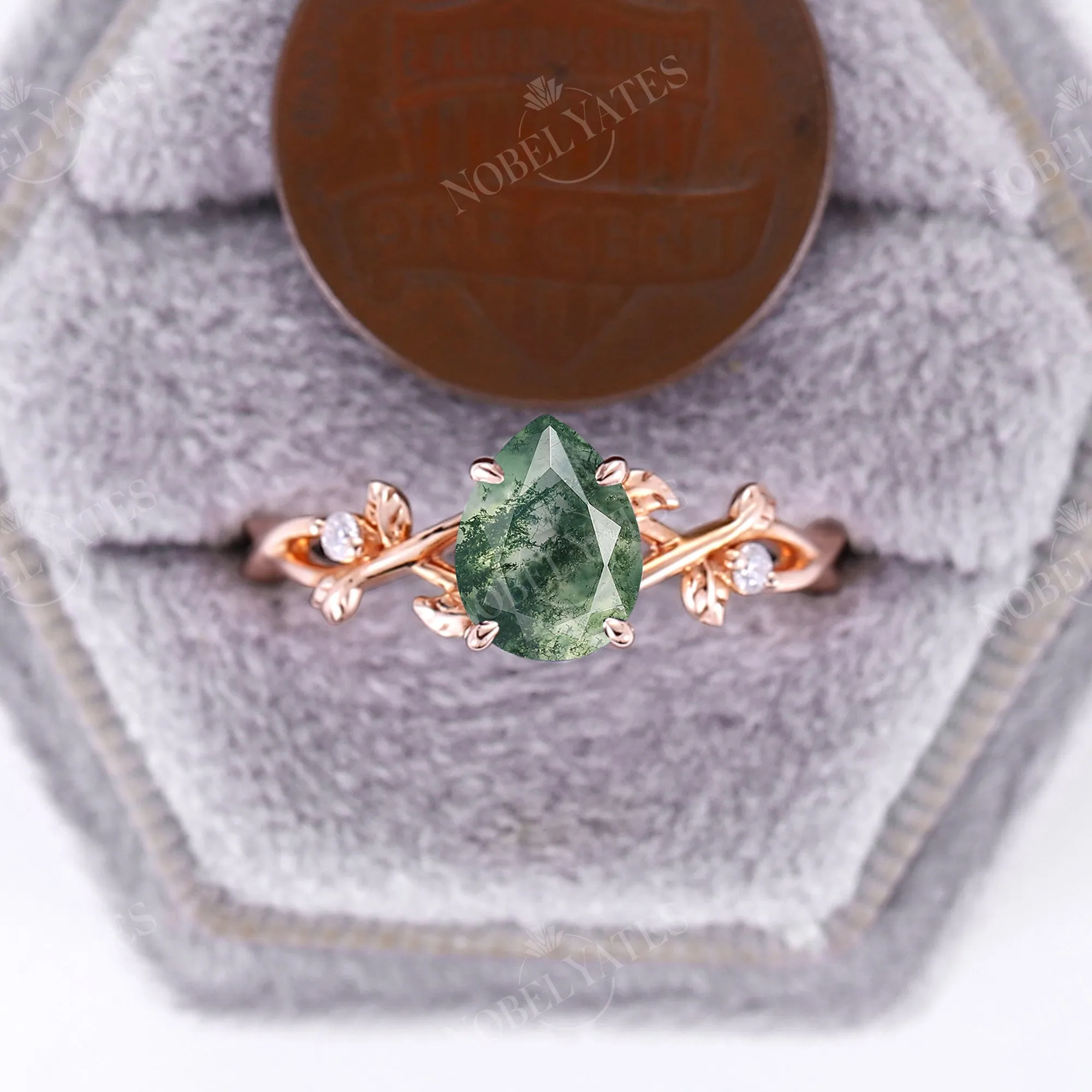 Moss Agate Pear cut Engagement Ring Leaf Design Rose Gold