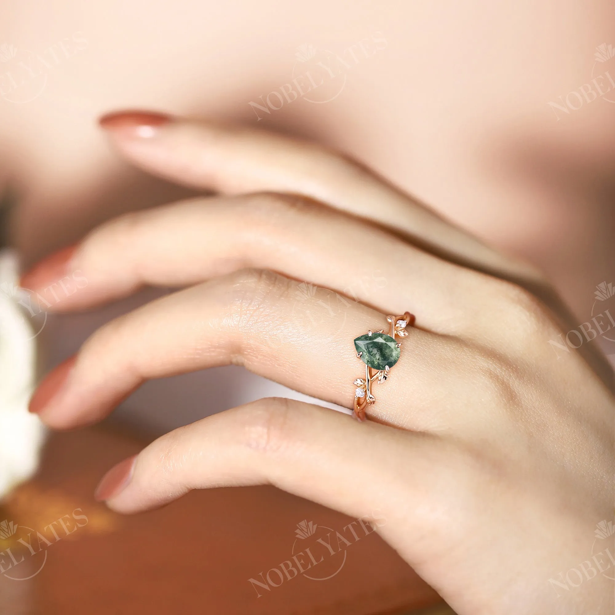 Moss Agate Pear cut Engagement Ring Leaf Design Rose Gold